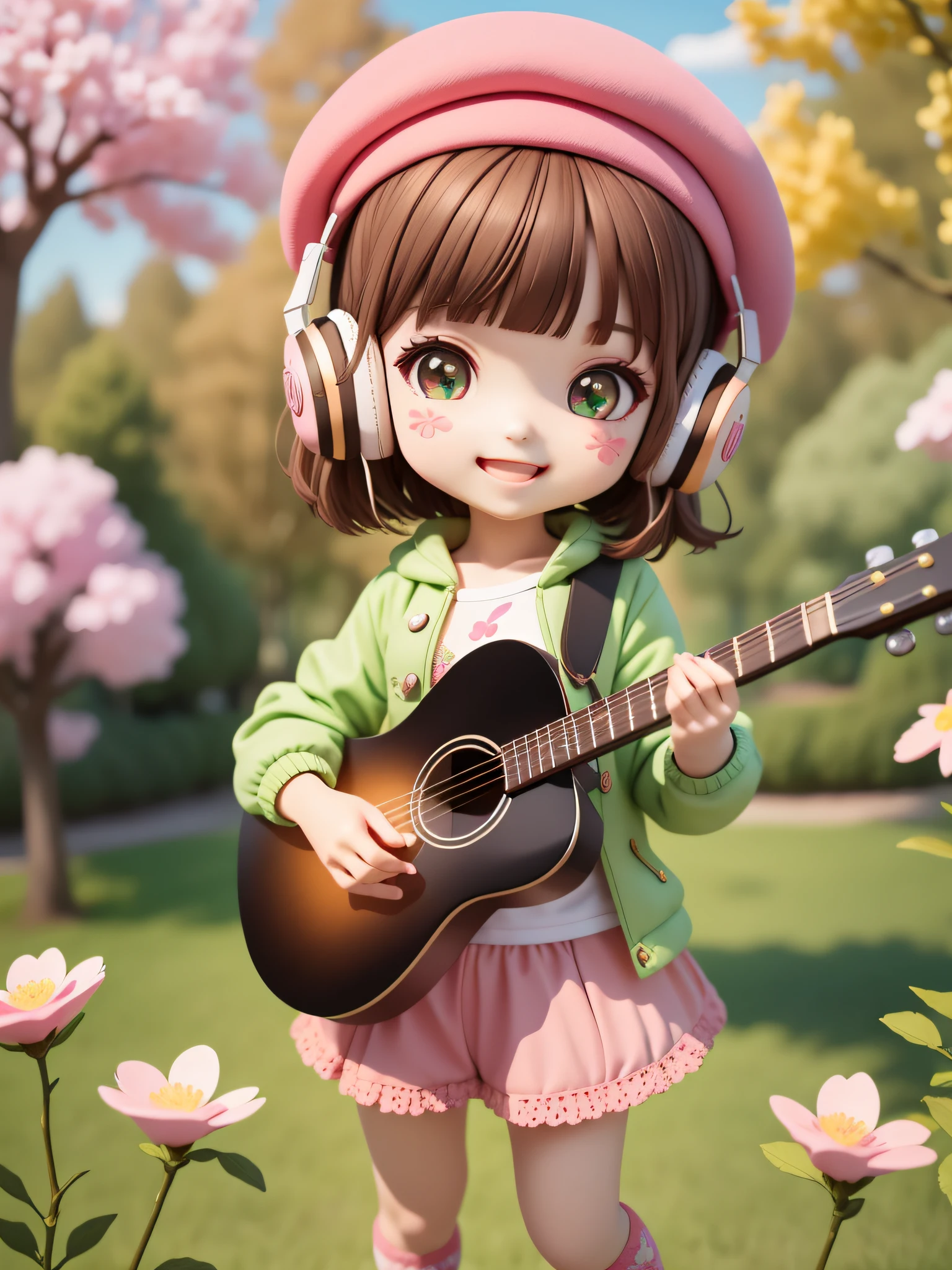 (masterpiece),(best quality),(ultra-detailed), (full body:1.2), 1girl,chibi,cute, smile, open mouth, flower, outdoors, playing guitar, music, beret, holding guitar, jacket, blush, tree, :3, shirt, short hair, cherry blossoms, green headwear, blurry, brown hair, blush stickers, long sleeves, bangs, headphones, black hair, pink flower, (beautiful detailed face), (beautiful detailed eyes),