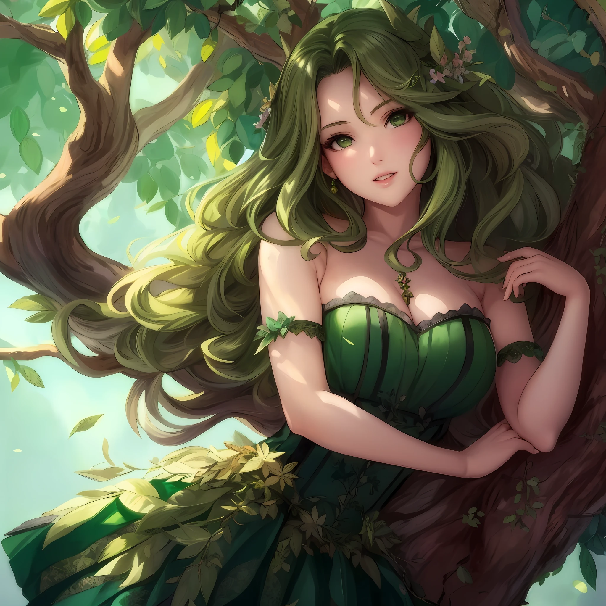 anime girl in green dress sitting on a tree branch, goddess of nature, fey queen of the summer forest, beautiful elegant dryad, goddess of the forest, artgerm on artstation pixiv, extremely detailed artgerm, queen of nature, artgerm lau, ! dream artgerm, style artgerm, queen of the forest, forest dryad