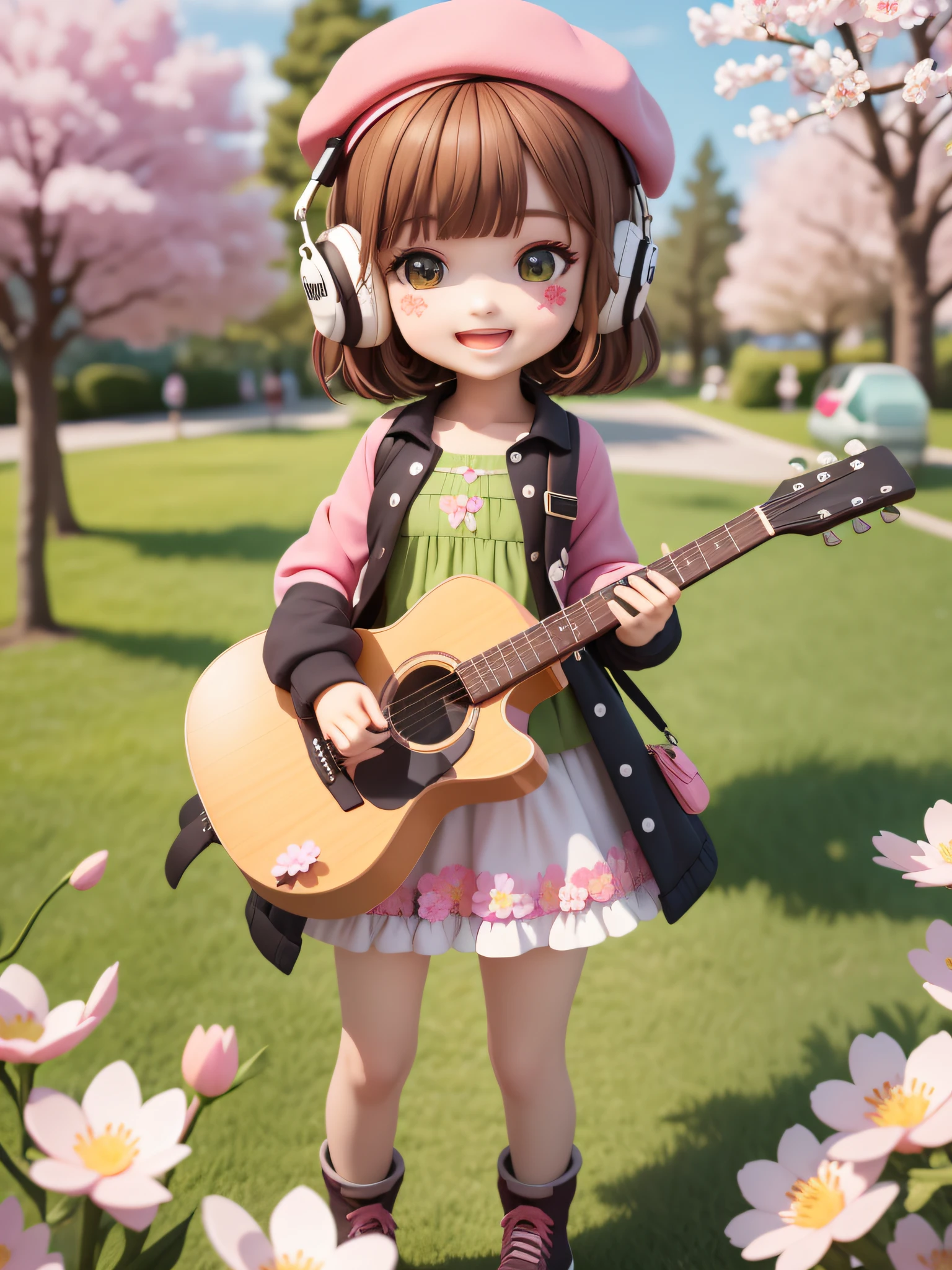(masterpiece),(best quality),(ultra-detailed), (full body:1.2), 1girl,chibi,cute, smile, open mouth, flower, outdoors, playing guitar, music, beret, holding guitar, jacket, blush, tree, :3, shirt, short hair, cherry blossoms, green headwear, blurry, brown hair, blush stickers, long sleeves, bangs, headphones, black hair, pink flower, (beautiful detailed face), (beautiful detailed eyes),