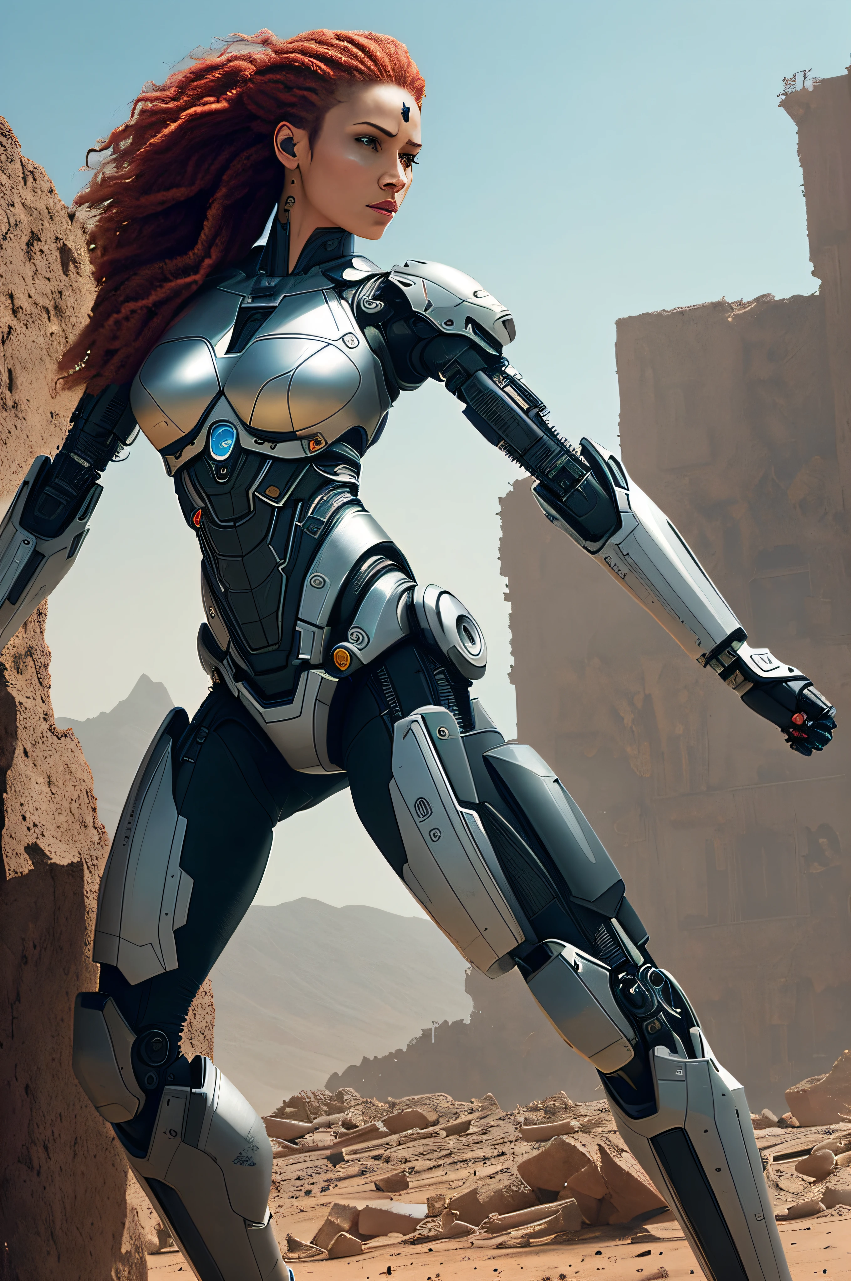 Full Body Shooting | Cyborg Woman | With a detailed brain you can see | Representation of cranial mechanical parts | On-Head Humanoid Electronic Systems | Fio muscular Flesh Skin | Biopunk | Cybernetics | Cyberpunk | Canon M50 | 100mm| Sharp Focus | Hyperrealism | Very detailed| Intricate Details | Vascular Expression |Strong Legs | Big Paw | Damaged Arm | Damaged leg with sparks | Fleeing Collapse | ruins on Mars | Dust-soiled body