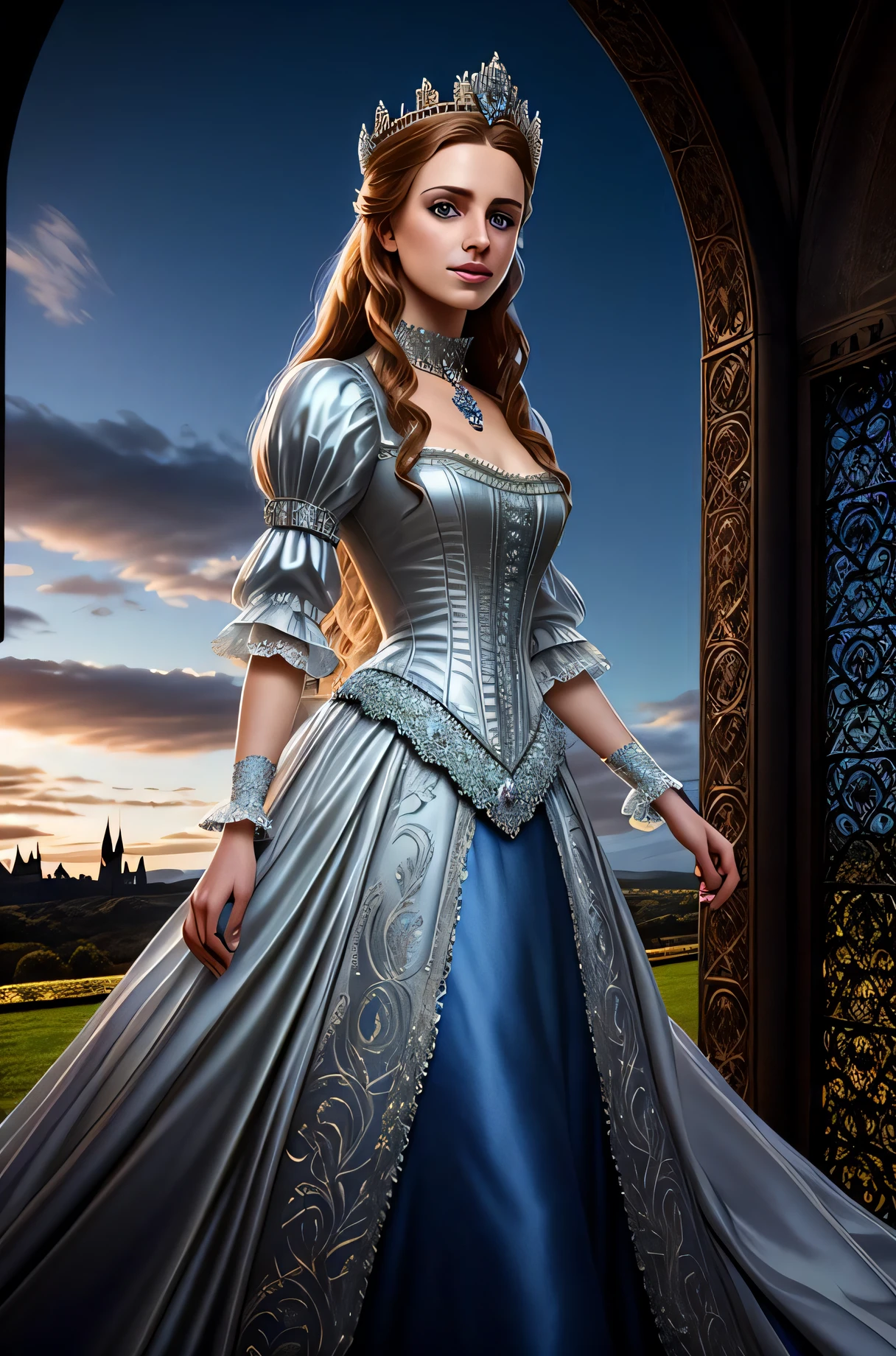 8k wallpaper, Amazing, finely detail, masterpiece, official art, extremely detailed CG unity 8k wallpaper, absurdres, incredibly absurdres, ultra-detailed, highres, extremely detailed, beautiful detailed girl, extremely detailed eyes and face, beautiful detailed eyes, light on face, cinematic lighting, (looking at viewer:1.4),(best quality:1.0), (ultra highres:1.0), (detailed beautiful girl:1.4), RAW photo,beautiful royal princess of European origin, bronze hair,detailed realistic detailed face,natural skin texture, smiling,beautiful eyes ,photo, 8k,portrait , ((large beautiful intricate silver princess crown)), full body, ((white detailed long noble Dress)), inside, Victorian era room, soft rim light, beautiful detailed sky, large square window, (hip length hair), straight silky hair, castle in background, (intricate details), hdr, (intricate details, hyperdetailed:1.2), cinematic shot, Jane Eyre, blue eyes, hair over ear, (freckles), (natural face texture), (hair flowing in wind), very windy
