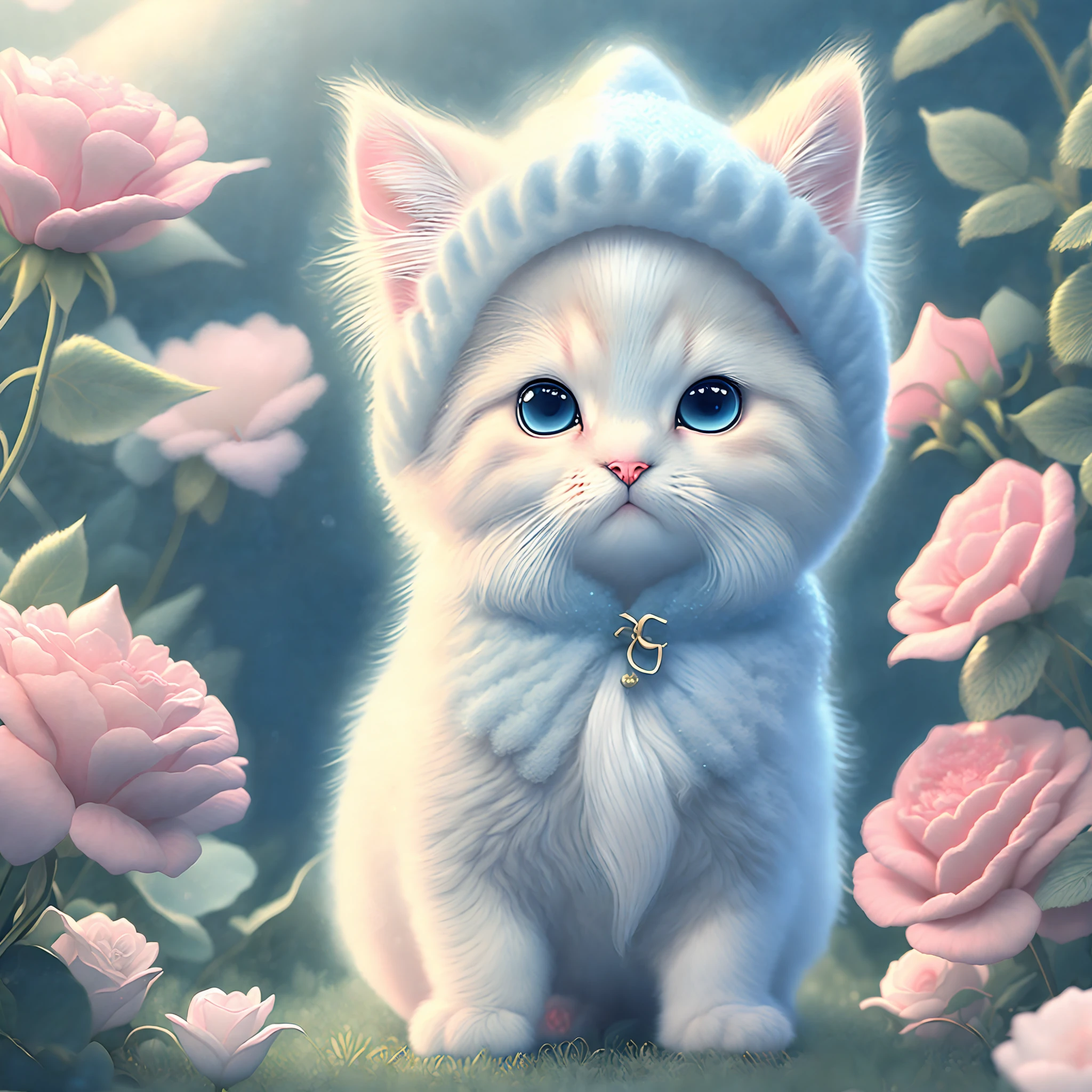 In this ultra-detailed CG art, the adorable kitten surrounded by ethereal roses, best quality, high resolution, intricate details, fantasy, cute animals