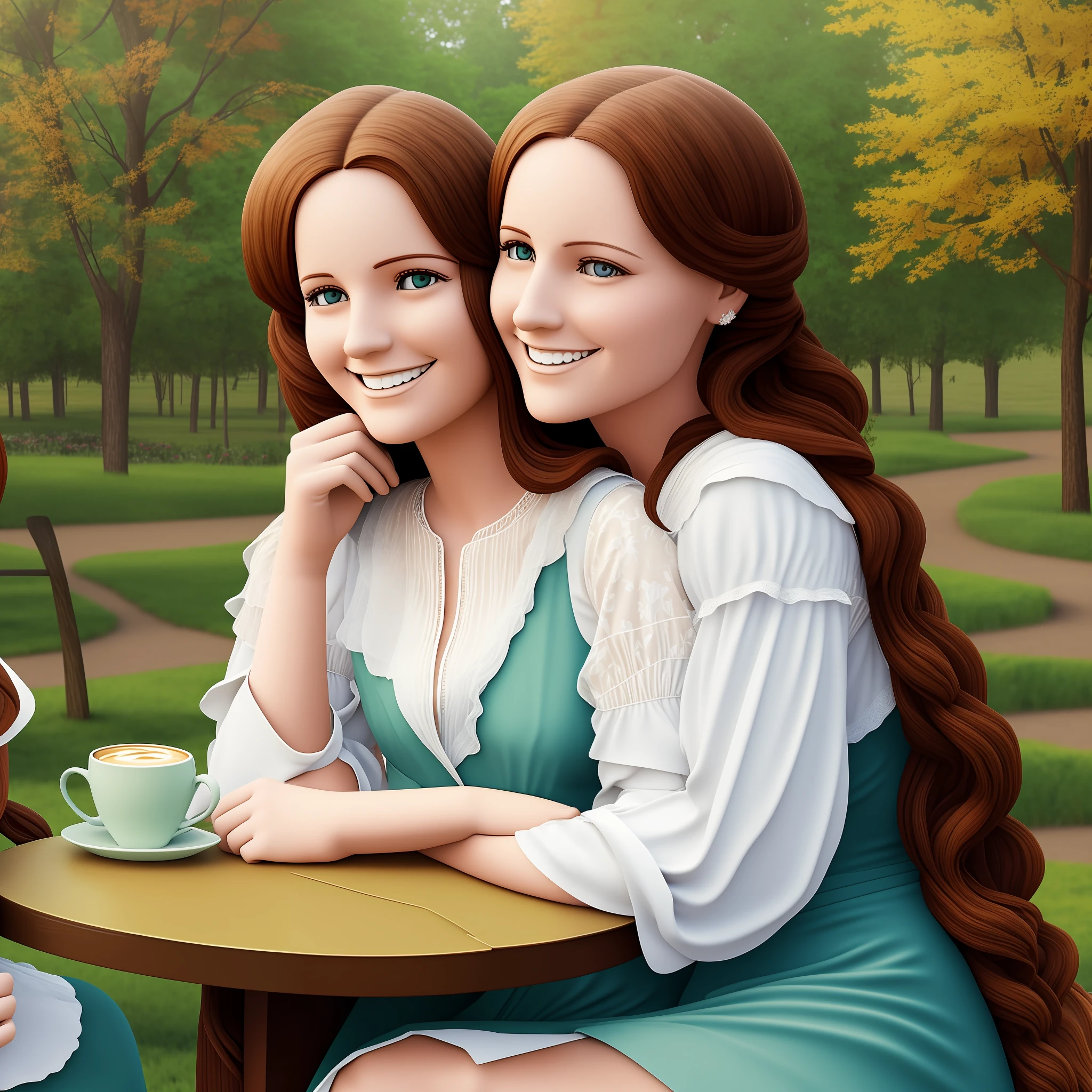 Image of Mary and Anne side by side, smiling and hugging each other in a park or in a café. --auto --s2