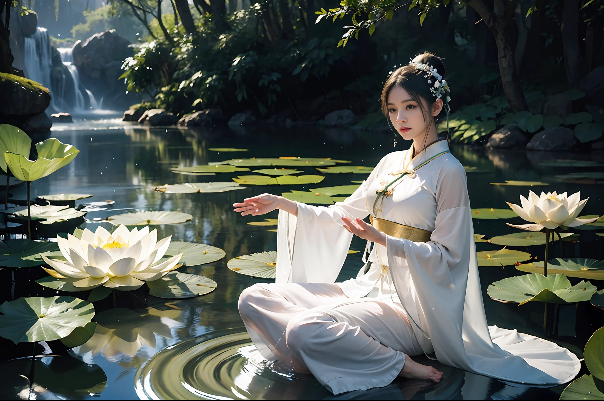 realistic, large vista, wide-angle lens, intricate details, ultra-detailed, natural skin texture, 1 girl, bun, beautiful Chinese woman in white hanfu robe cape, clothes with four very thin delicate streamers, fairy, white mist, golden light, outdoors, large white lotus, beautiful scenery Deep in the lotus pond, (colorful, vivid, sunny, Cool Light: 1.2) Lotus leaves in the pond, delicate facial details, dynamic poses, exquisite details, wide view, epic details, global illumination - ar 3:2 - q 5 - v 5.1 - style raw - s 750, style influenced by ancient Chinese art, complex, high detail, sharp focus, dramatic, photorealistic painting art, lotus leaf, spring rain, bright, light, atmosphere, spring bright tones, super detail, 16k, best quality, soft light, space, crystal clear, natural light, surreal photography,