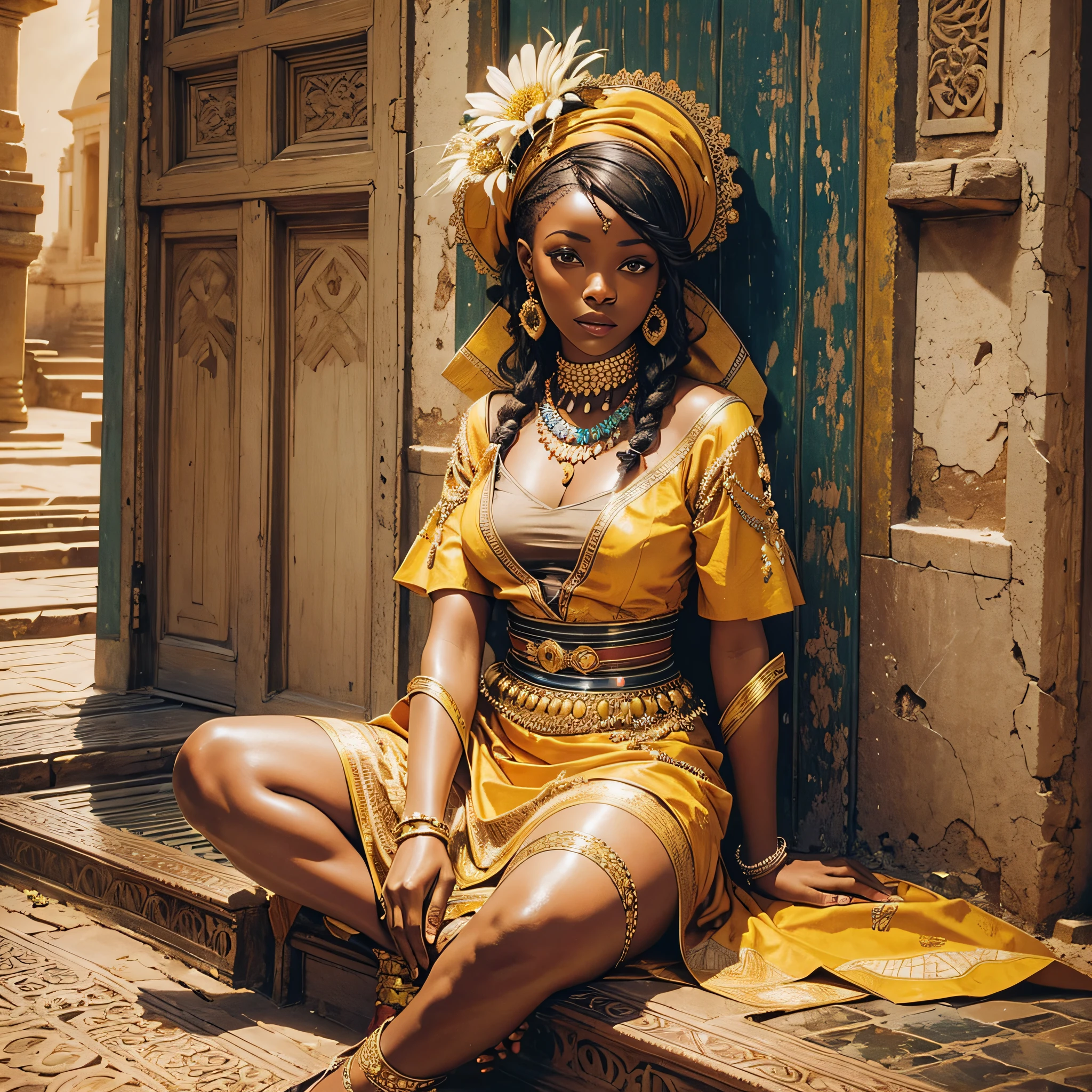 An African woman sitting on the floor of a palace with a flower in her hand --auto --s2