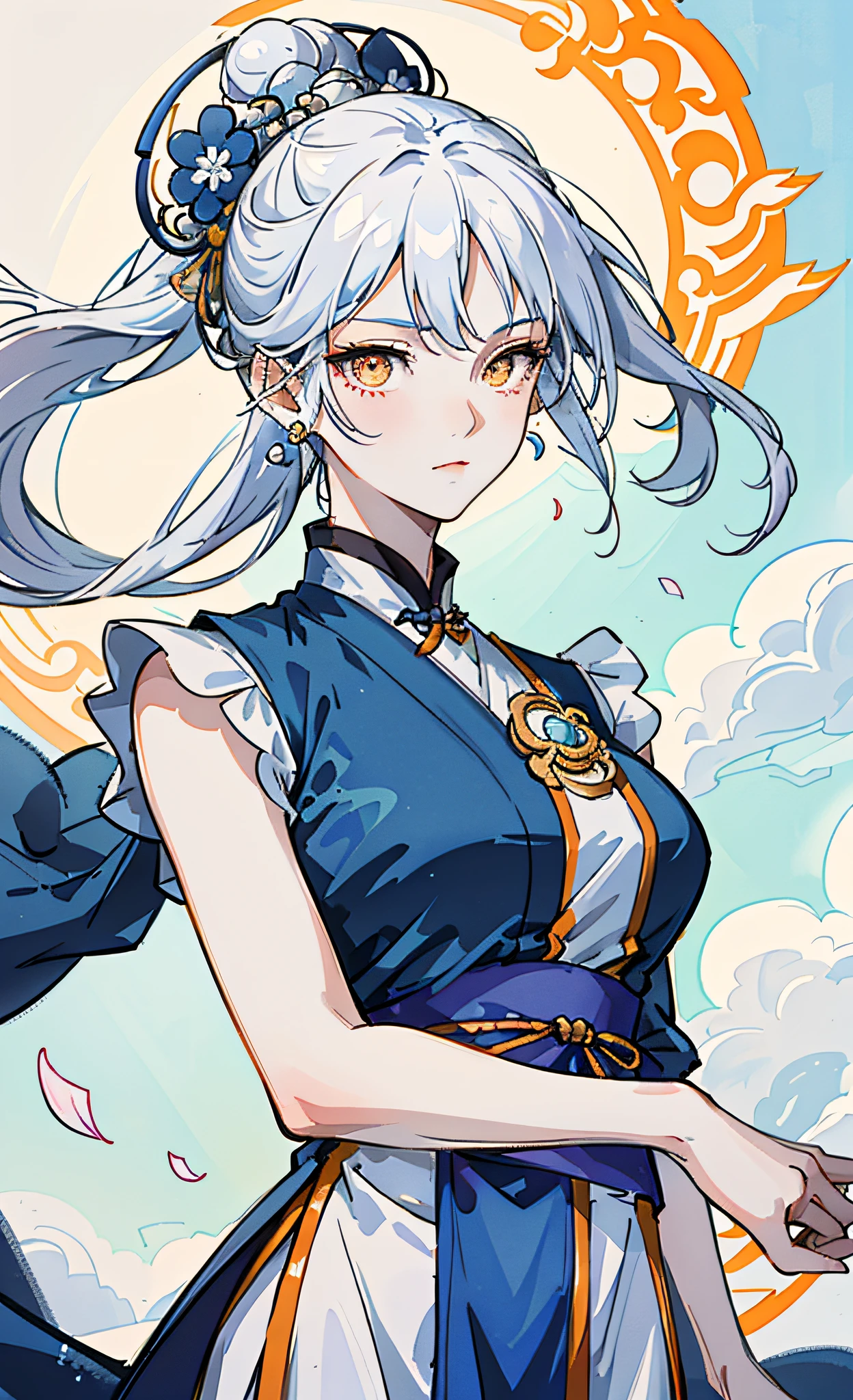 Mature girl, orange eyes, blue-white hair color, floating hair, delicate and flexible eyes, intricate damask hanfu, gorgeous accessories, wearing pearl earrings, fov, f/1.8, masterpiece, ancient Chinese architecture, blue sky, flower petals flying, front portrait shot, Chang'e, side lighting, sunlight on people, 8K