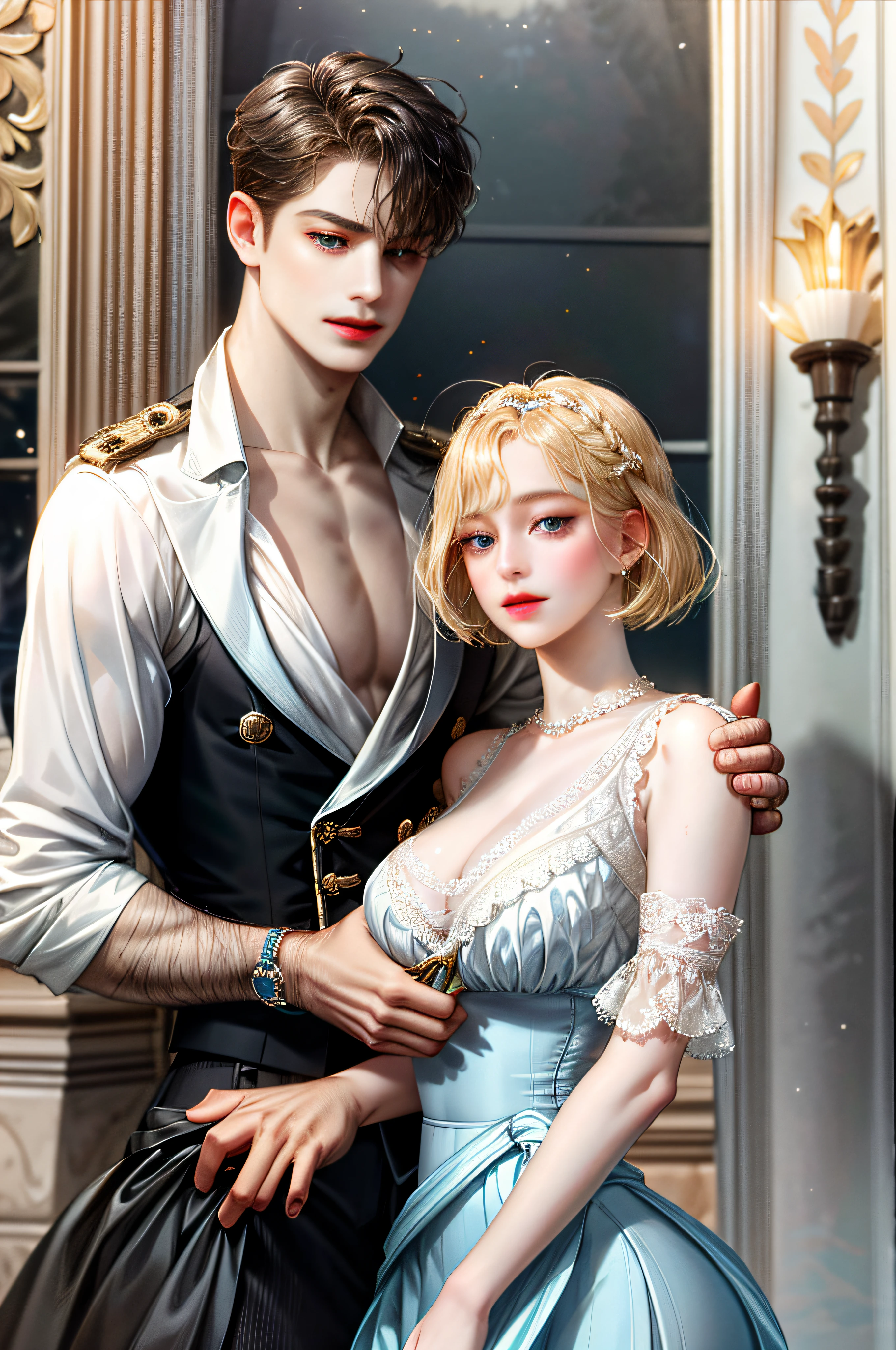 aristocratic young woman, blonde, blue-eyed girl, short cut bob, carrier woman, urban skyscraper street, white sheer blouse front open, cleavage braless areola, black mini tight skirt slit,