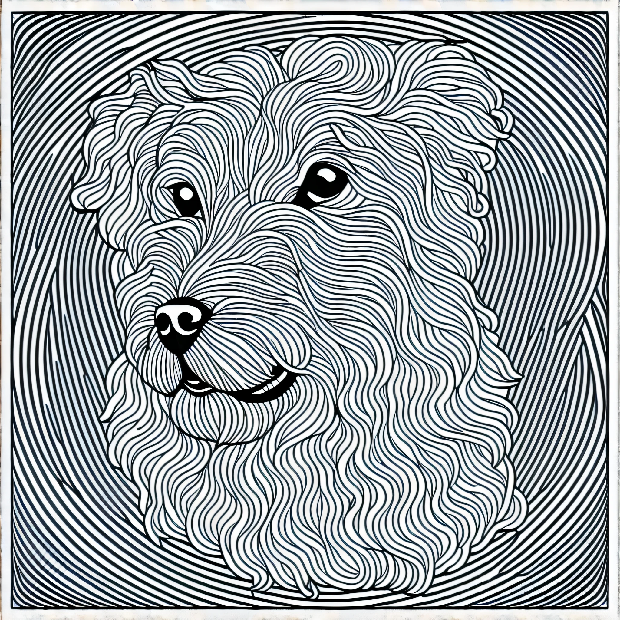 a Bolognese style dog, fantasy, magical, mystical, unusual, black and white, wavy lines, realistic line art drawing, coloring book page, no noise, sharp thick lines, contour art, centered image, isolated on a white background