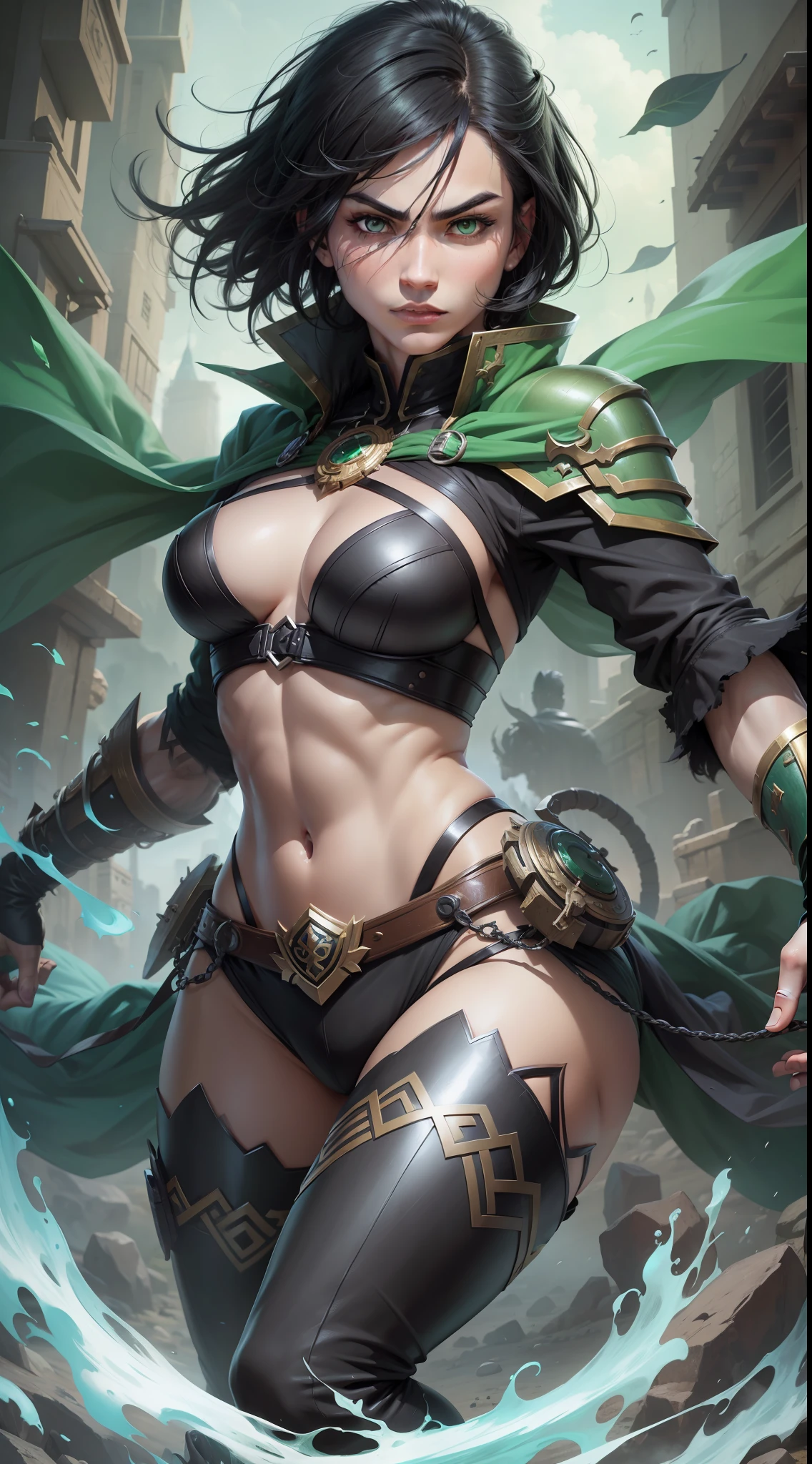 A mysterious warrior with black hair and green eyes, has incredible abilities and a charismatic personality