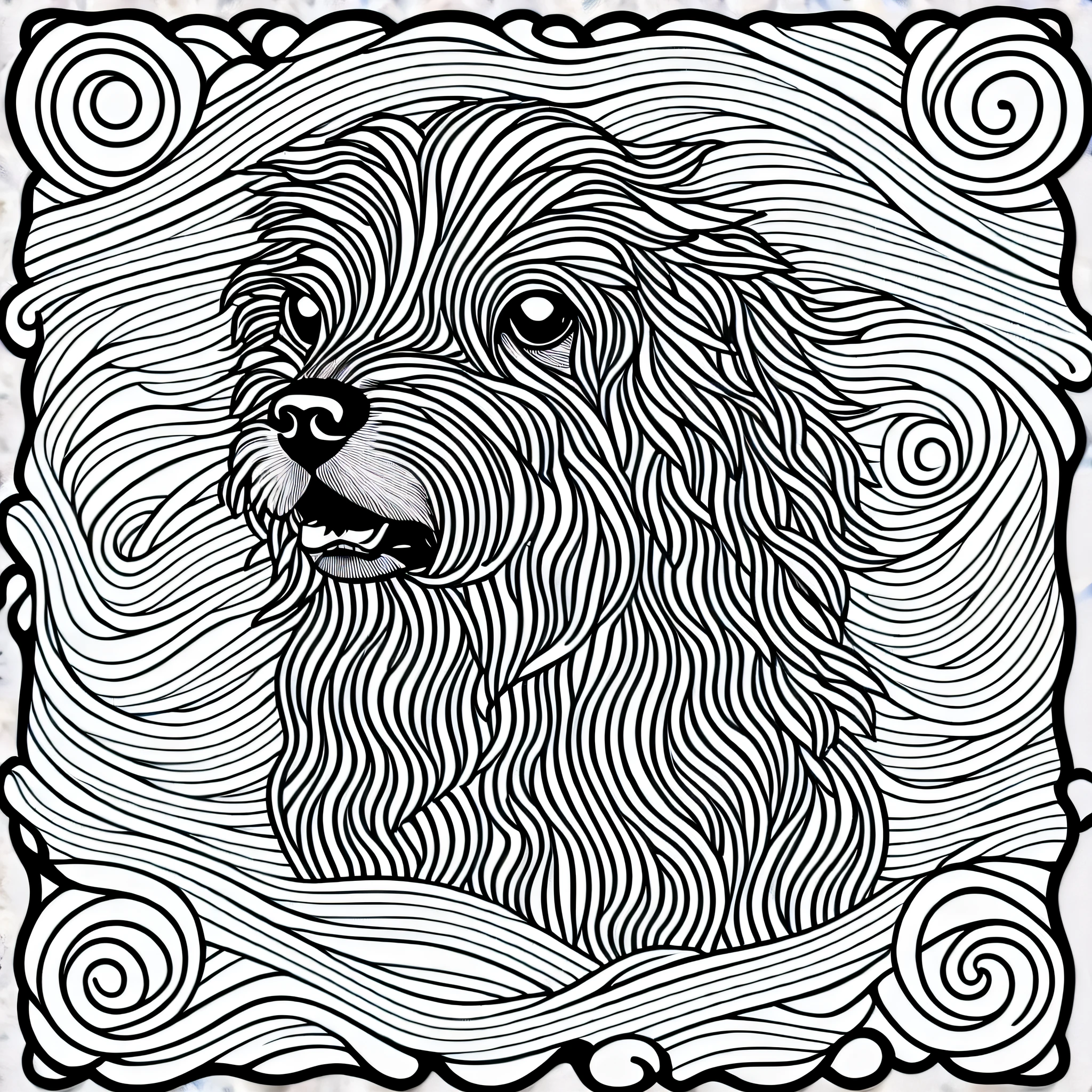a Bolognese style dog, fantasy, magical, mystical, unusual, black and white, wavy lines, realistic line art drawing, coloring book page, no noise, sharp thick lines, contour art, centered image, isolated on a white background