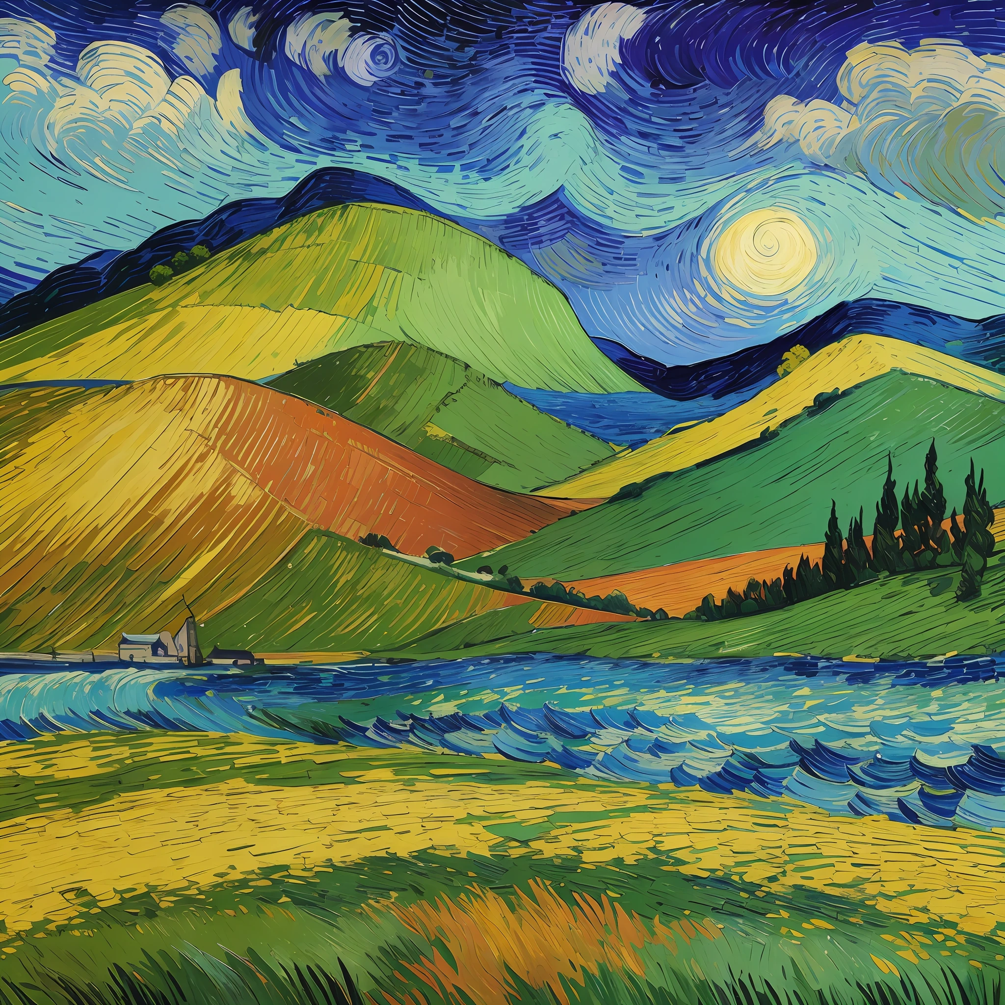 Using Van Gogh's brushstrokes, methods and color senses, create a landscape painting