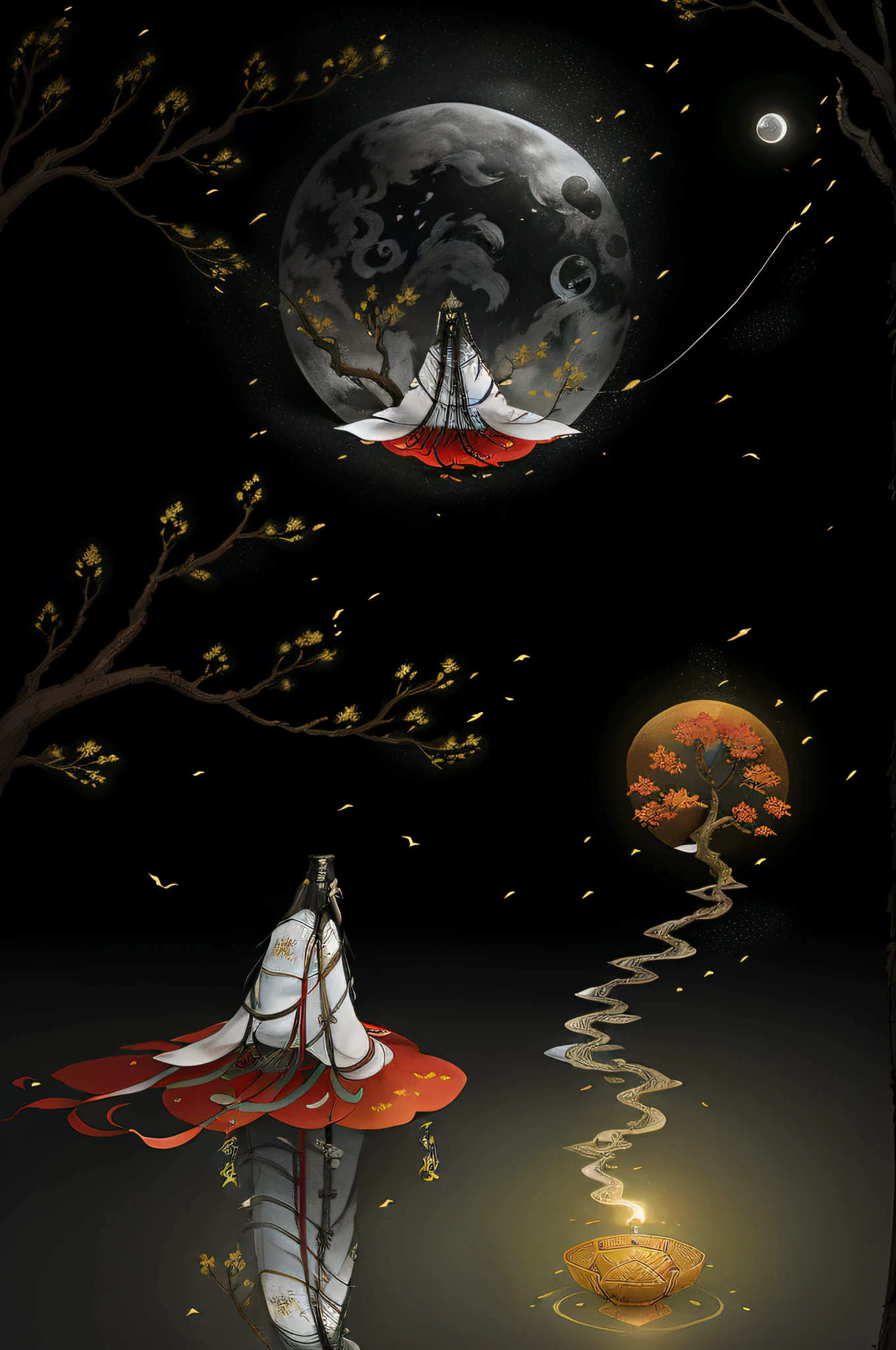 gufeng, moon, tree, solo, water, flower, branch, night, black hair, facing away, shawl, full moon, (1girl), in tree, long hair, sky, sitting, from behind, chinese clothes, hanfu, crescent moon, male focus, standing, outdoors