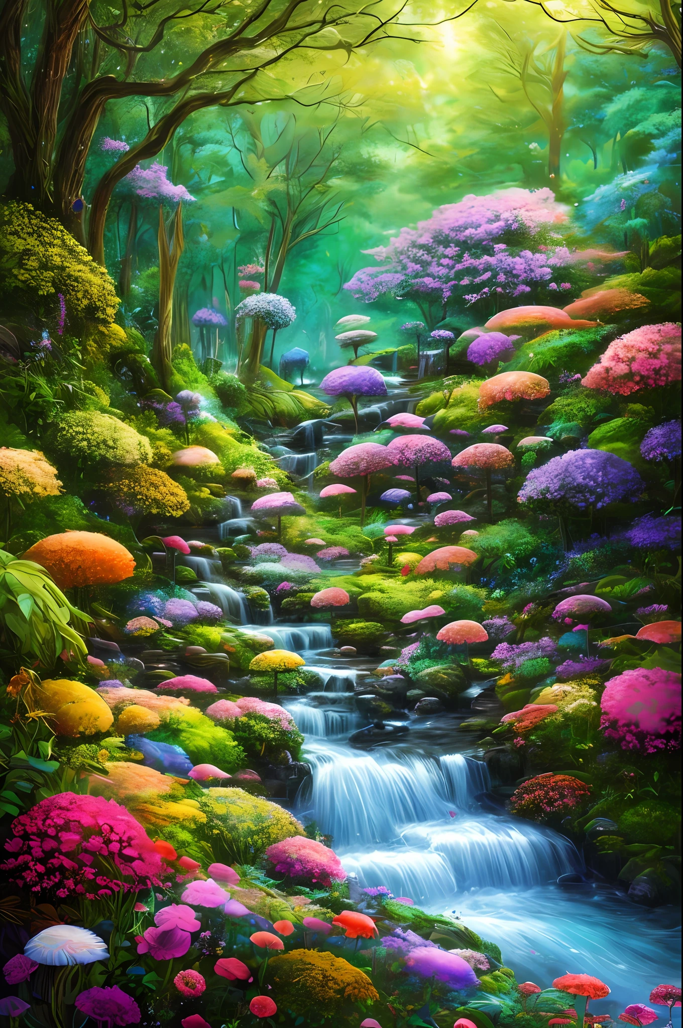 masterpiece, best quality, high quality, extremely detailed 8k wallpaper of CG unit, a charming and dreamy scene of a fantasy forest, with tall trees, bright mushrooms and hidden fairy valleys, creating a sense of mystique and enchantment, artistic station, digital illustration, intricate, trend, pastel colors, award-winning photography, Bokeh, depth of field, HDR,  flower, chromatic aberration, photorealistic, extremely detailed, psychedelic, intricate, high detail, dramatic, art in the middle of the journey