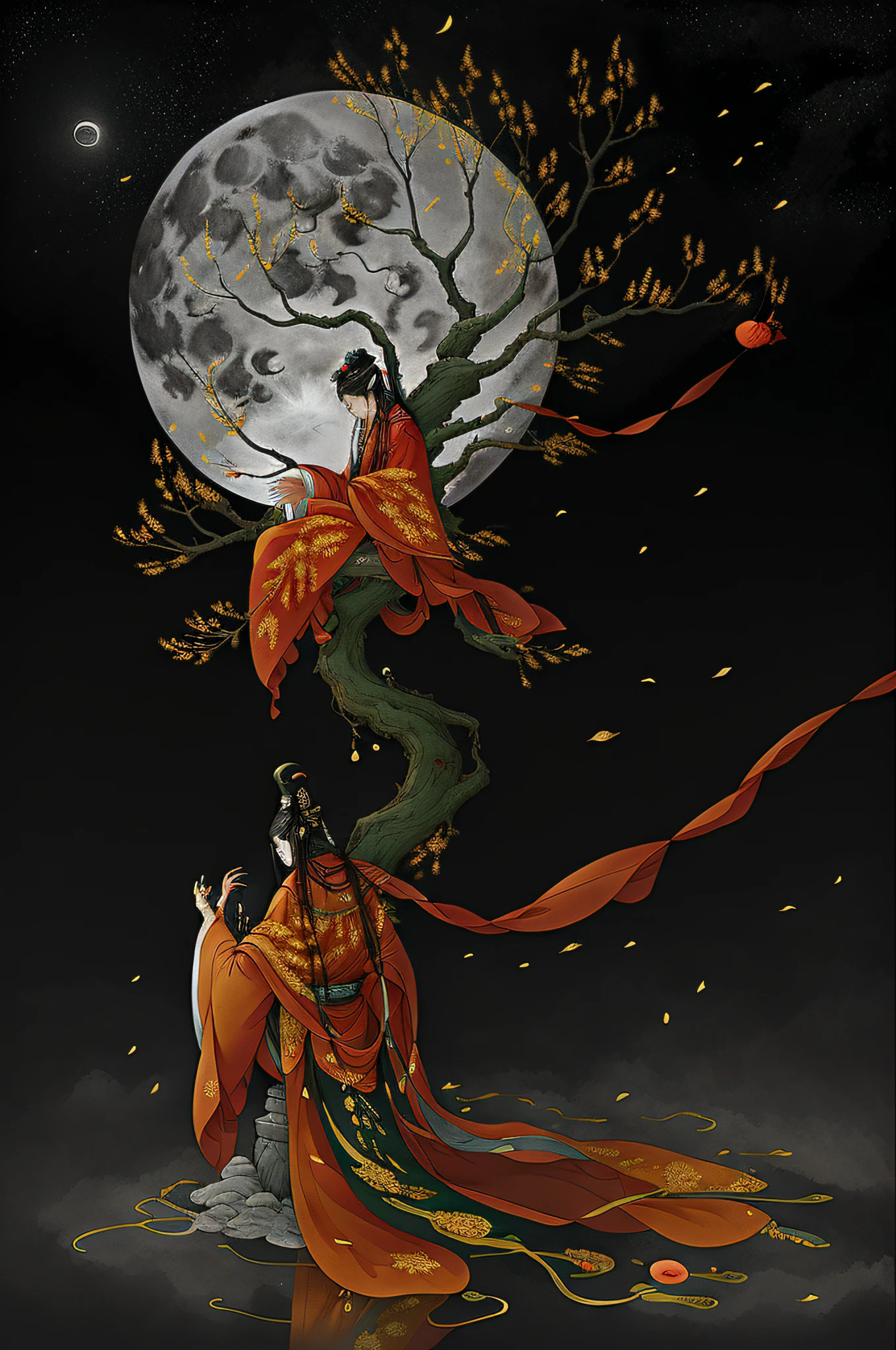 gufeng, moon, tree, solo, water, flower, branch, night, black hair, facing away, shawl, full moon, (1girl), in tree, long hair, sky, sitting, from behind, chinese clothes, hanfu, crescent moon, male focus, standing, outdoors