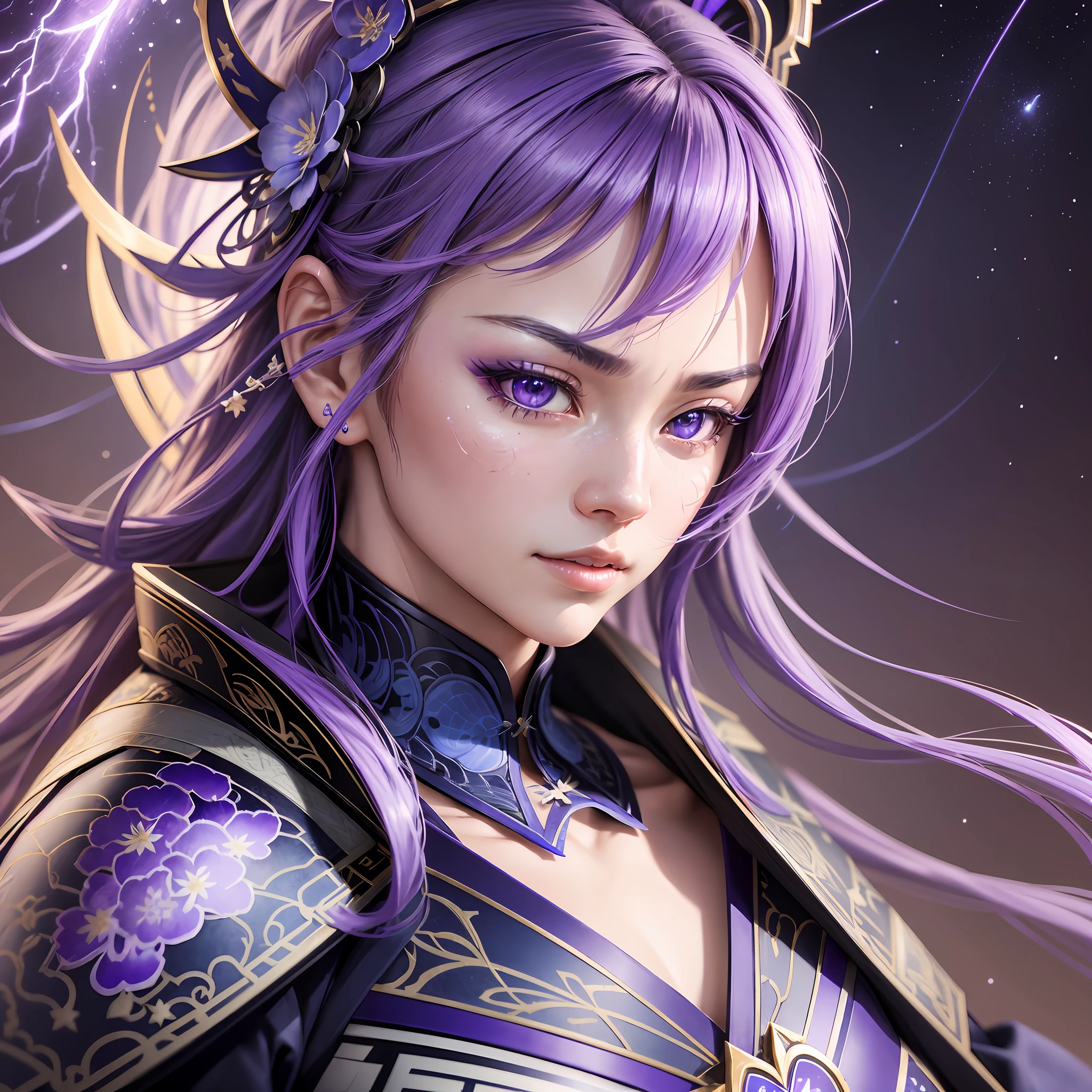 genshin impact, purple and blue sky with stars, background thunder, raiden shogun, ultra-realistic 8k CG look, masterpiece, ((ultra-detailed background, delicate pattern, intricate details)), best quality, very detailed face, extremely detailed eyes and face, extremely detailed eyes,((best quality) --auto --s2