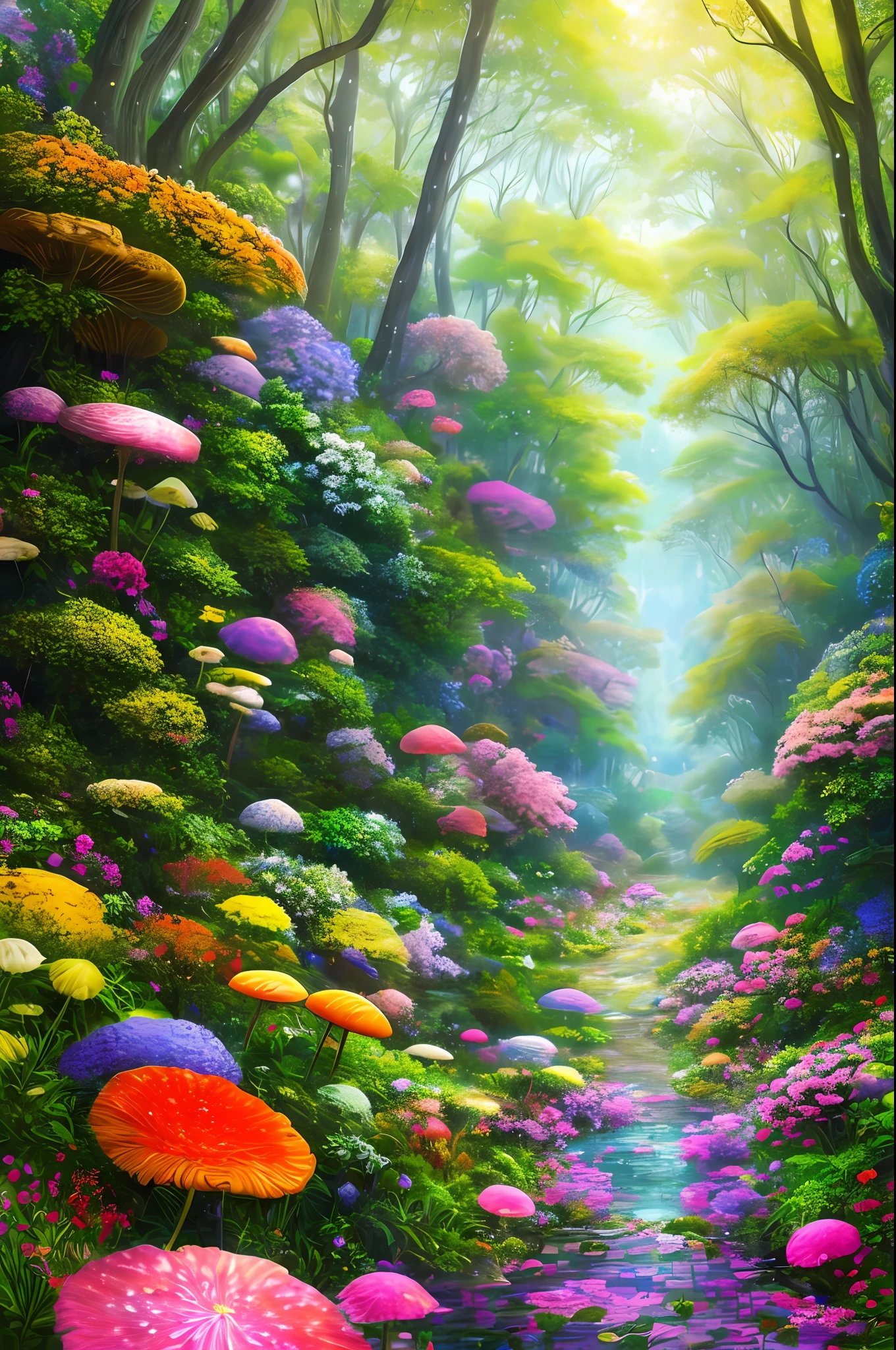 masterpiece, best quality, high quality, extremely detailed 8k wallpaper of CG unit, a charming and dreamy scene of a fantasy forest, with tall trees, bright mushrooms and hidden fairy valleys, creating a sense of mystique and enchantment, artistic station, digital illustration, intricate, trend, pastel colors, award-winning photography, Bokeh, depth of field, HDR, flower, chromatic aberration, photorealistic, extremely detailed, psychedelic, intricate, high detail, dramatic, art in the middle of the journey