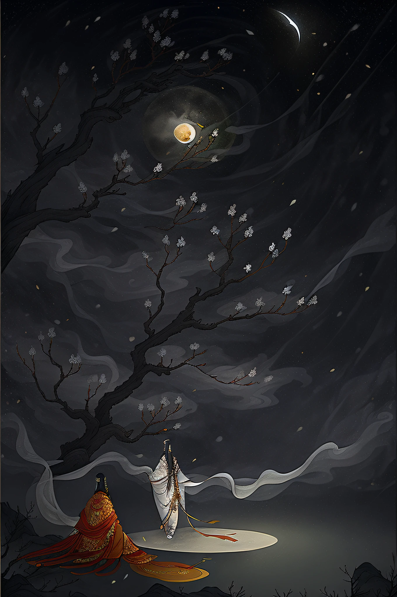 gufeng, moon, tree, solo, water, flower, branch, night, black hair, facing away, shawl, full moon, (1girl), in tree, long hair, sky, sitting, from behind, chinese clothes, hanfu, crescent moon, male focus, standing, outdoors