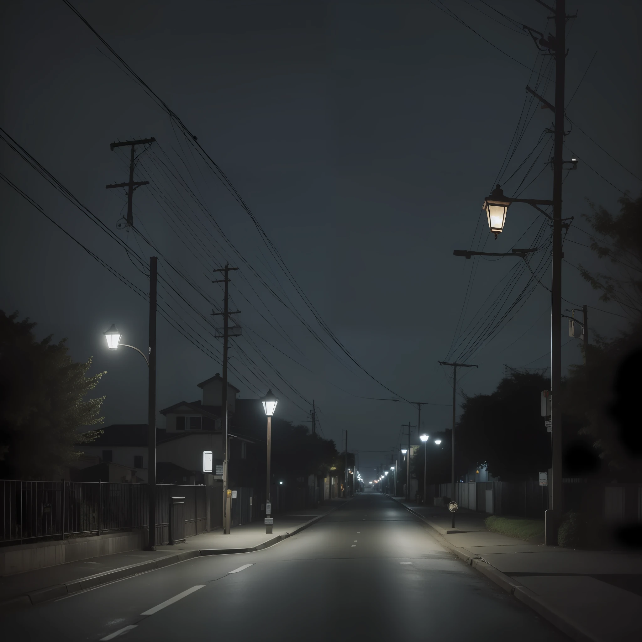 Dark night with streetlights illuminating the street