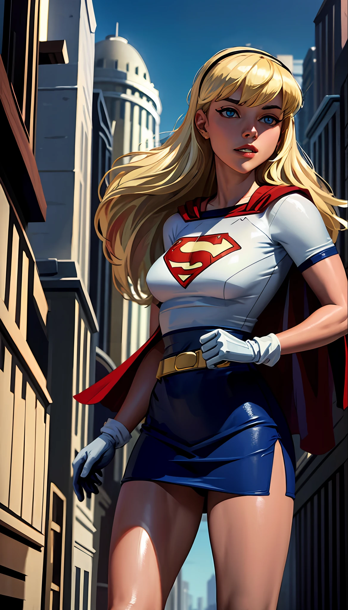 (cowboy shot), SFW, (masterpiece), (best quality: 1.0), (ultra highres: 1.0), detailed eyes,
BREAK
Supergirl, 1girl, long blonde hair, in the air, flying
hair band, \(white\) crop top, short sleeves, cape, blue pencil skirt, gloves, boots
BREAK
(Famous, interview, among audiences)