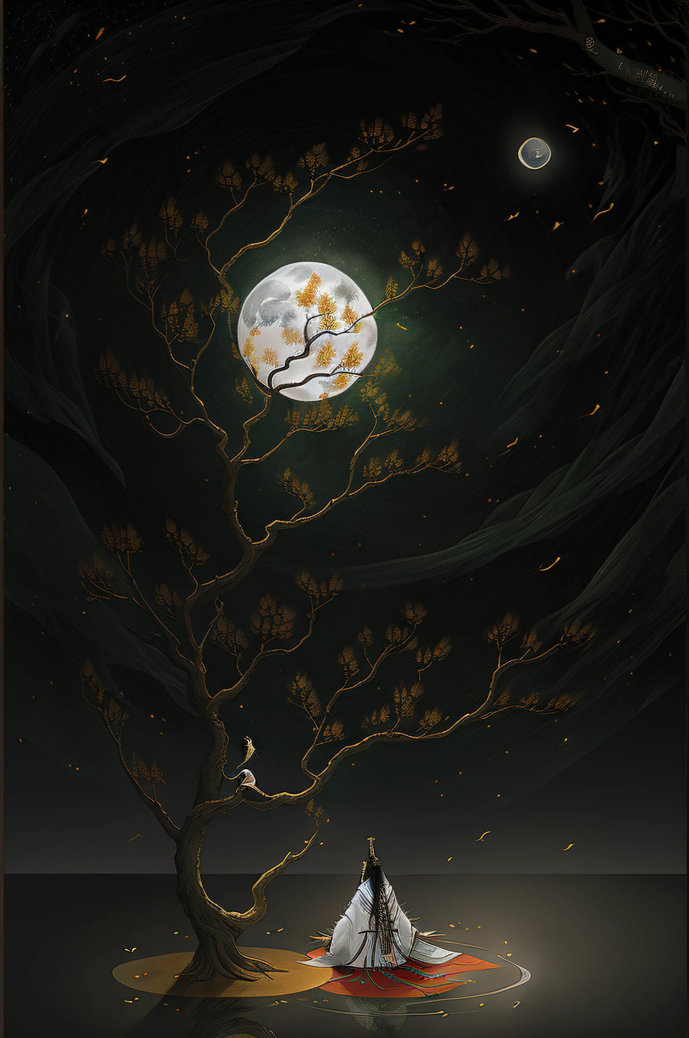 gufeng, moon, tree, solo, water, flower, branch, night, black hair, facing away, shawl, full moon, (1girl), in tree, long hair, sky, sitting, from behind, chinese clothes, hanfu, crescent moon, male focus, standing, outdoors