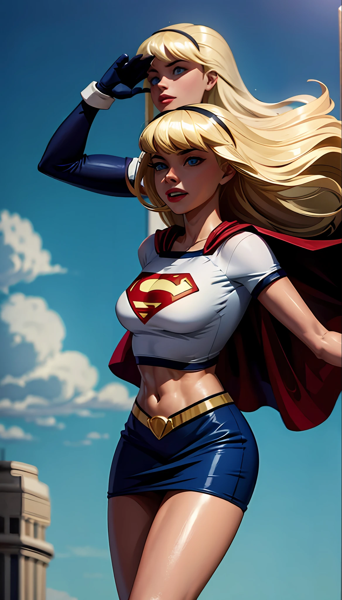 (cowboy shot), SFW, (masterpiece), (best quality: 1.0), (ultra highres: 1.0), detailed eyes,
BREAK
Supergirl, 1girl, long blonde hair, in the air, flying
hair band, \(white\) crop top, short sleeves, cape, blue pencil skirt, gloves, boots
BREAK
(Famous, interview, among audiences)