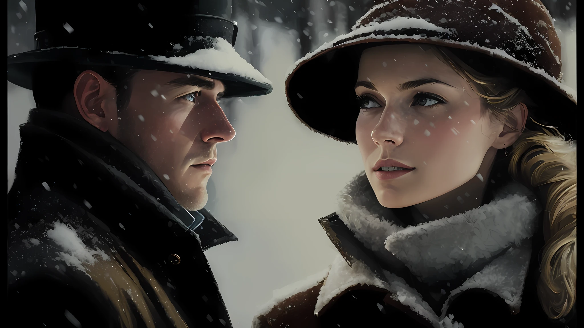 there is a man and a woman standing in the snow, martin ansin artwork portrait, martin ansin, movie scene portrait closeup, movie scene close up, inspired by Marius Borgeaud, inspired by F. Scott Hess, inspired by Alfons Karpiński, movie illustration, inspired by F Scott Hess, cinematic digital painting, fargo