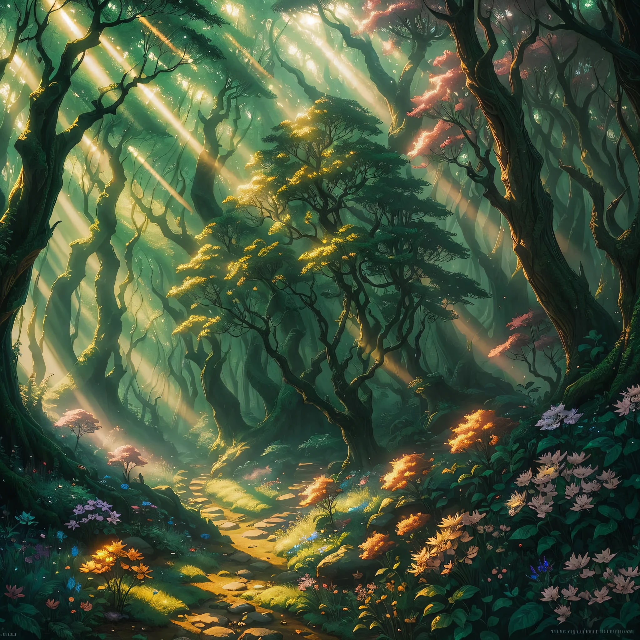 An enchanting elven forest, shrouded in mystic fog and warm sunlight, filled with vibrant flora and fauna, beckons you to explore its hidden wonders. --auto --s2