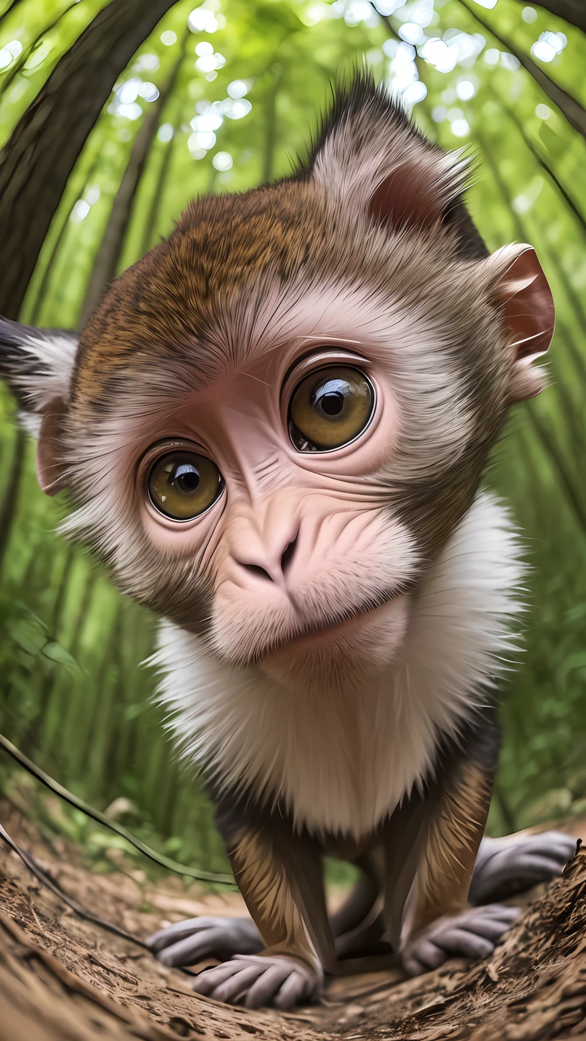 a close up of a monkey looking at the camera, a picture, by Anna Haifisch, pexels contest winner, photorealism, extreme wide angle, in the autumn forest, go pro, charming expression gesicht, worm's eye view from the floor, nick wilde, piercing stare, gorgeous 4 k --auto --s2