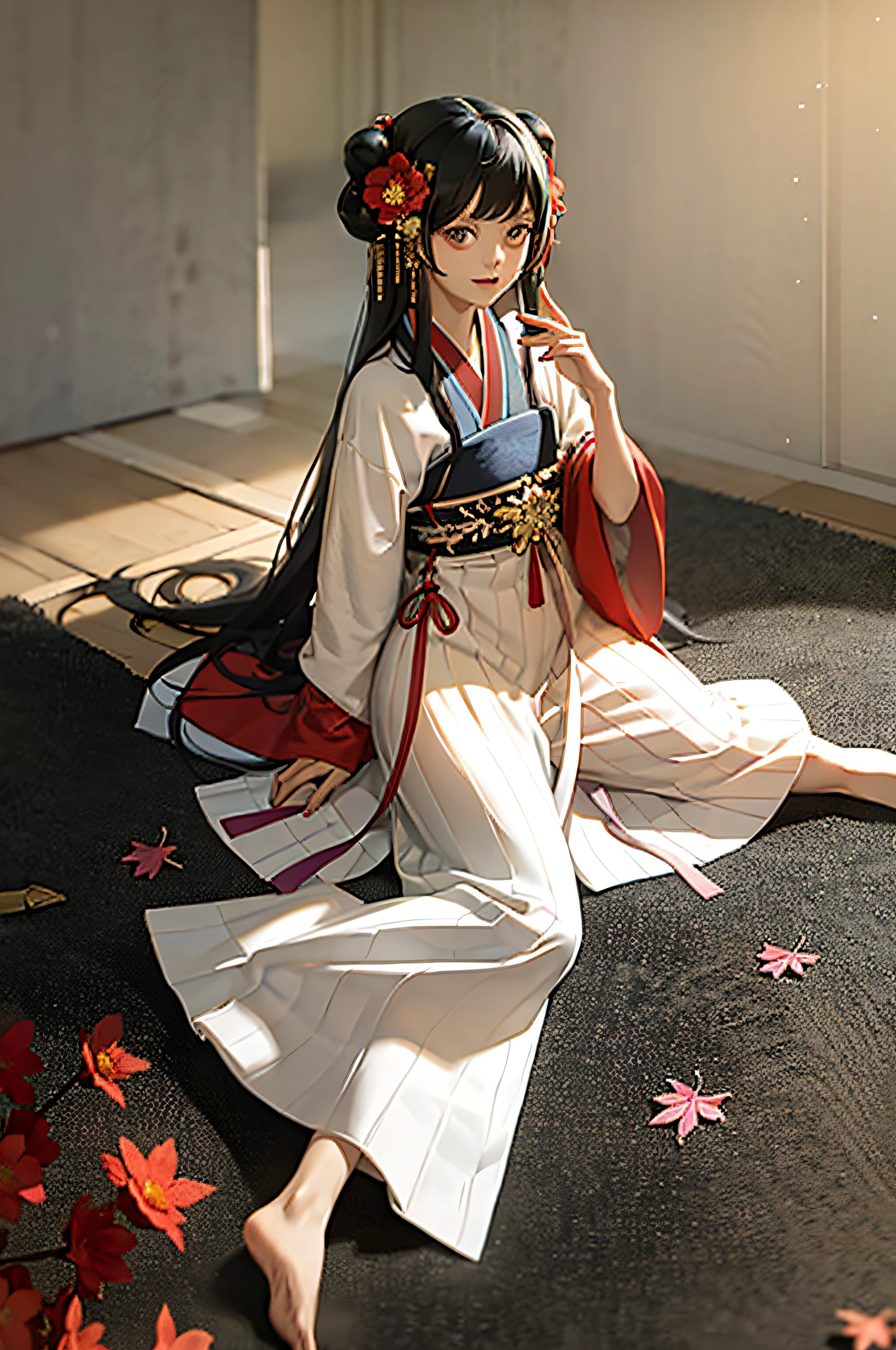 masterpiece, best quality, hanfukozue, 1girl, black hair, bug, butterfly, barefoot, solo, hair ornament, sitting, hanfu, chinese clothes, anklet, leaf, fruit, jewelry, white background, long sleeves, simple background, food, grapes, full body, single hair bun, holding, hair stick, wide sleeves, hair bun, smile, yokozuwari, looking at viewer, long hair, closed mouth, hand up, flower, holding leaf, on floor