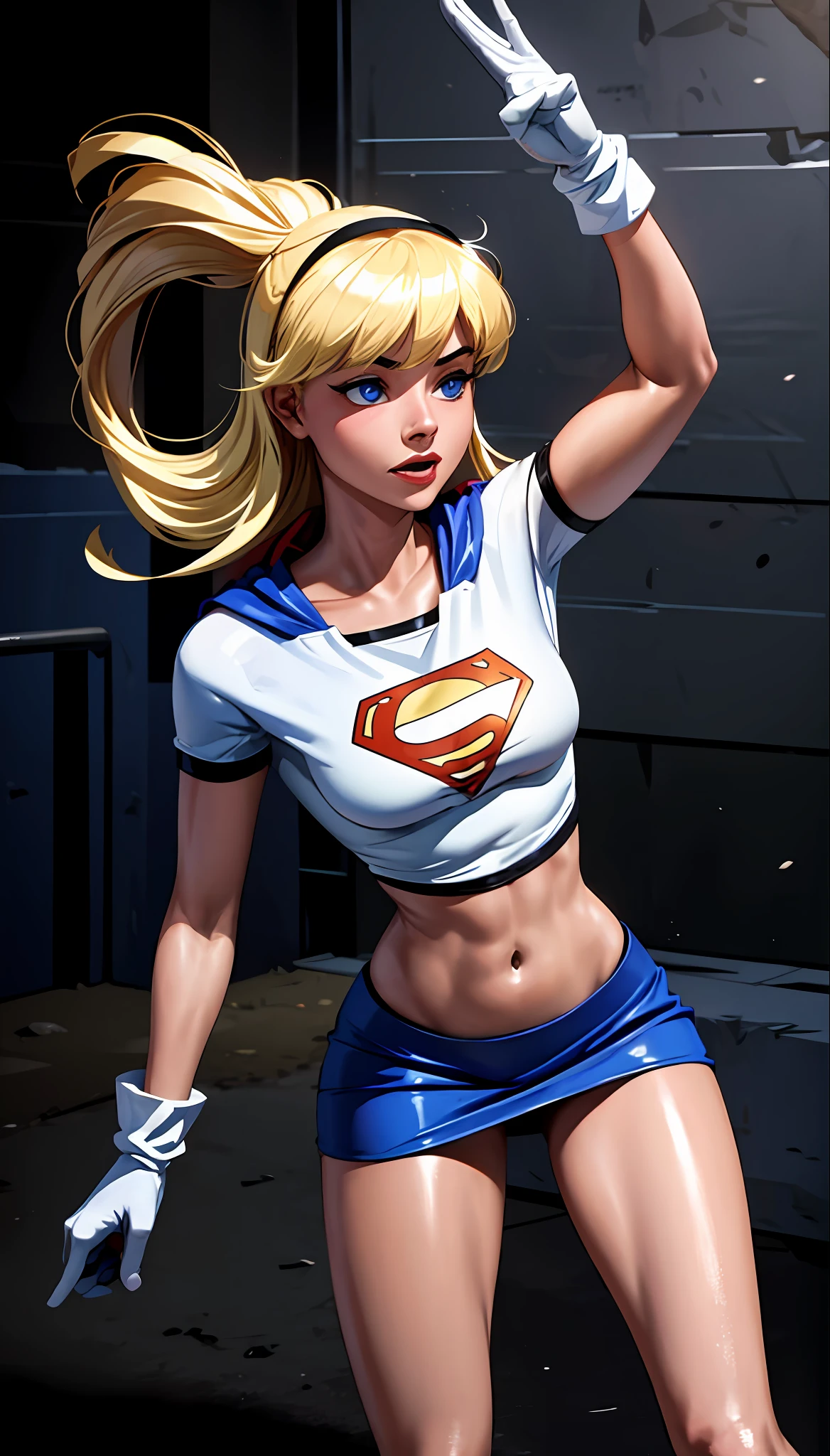 (cowboy shot), SFW, (masterpiece), (best quality: 1.0), (ultra highres: 1.0), detailed eyes,
BREAK
Supergirl, 1girl, long blonde hair, in the air, flying
hair band, \(white\) crop top, short sleeves, cape, blue pencil skirt, gloves, boots
BREAK
(Famous, interview, among audiences)