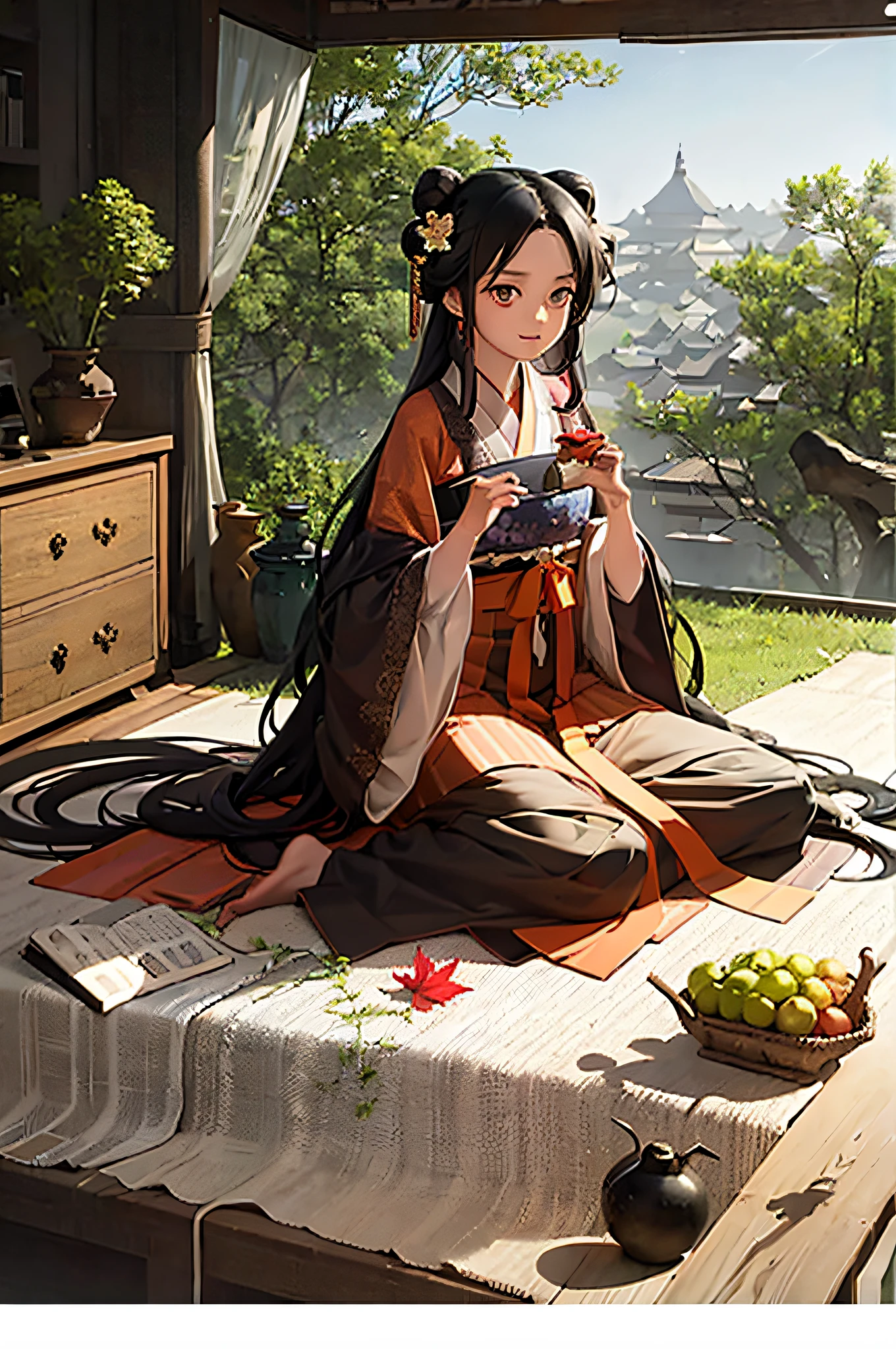 masterpiece, best quality, hanfukozue, 1girl, black hair, bug, butterfly, barefoot, solo, hair ornament, sitting, hanfu, chinese clothes, anklet, leaf, fruit, jewelry, white background, long sleeves, simple background, food, grapes, full body, single hair bun, holding, hair stick, wide sleeves, hair bun, smile, yokozuwari, looking at viewer, long hair, closed mouth, hand up, flower, holding leaf, on floor