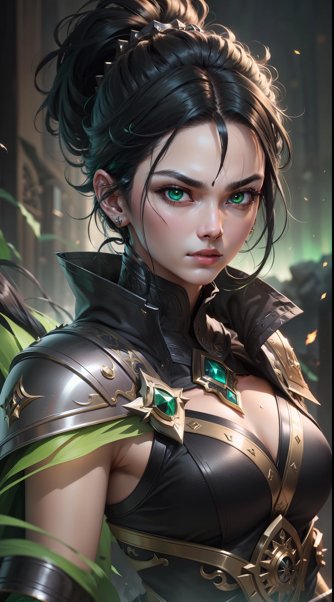 "(Extremely detailed CG Unity 8k wallpaper) depicting a (masterpiece) with a stunning (talented warrior) who exudes (charisma), boasting sharp (piercing green eyes) and intense (black hair) that hints to a (mysterious) persona."