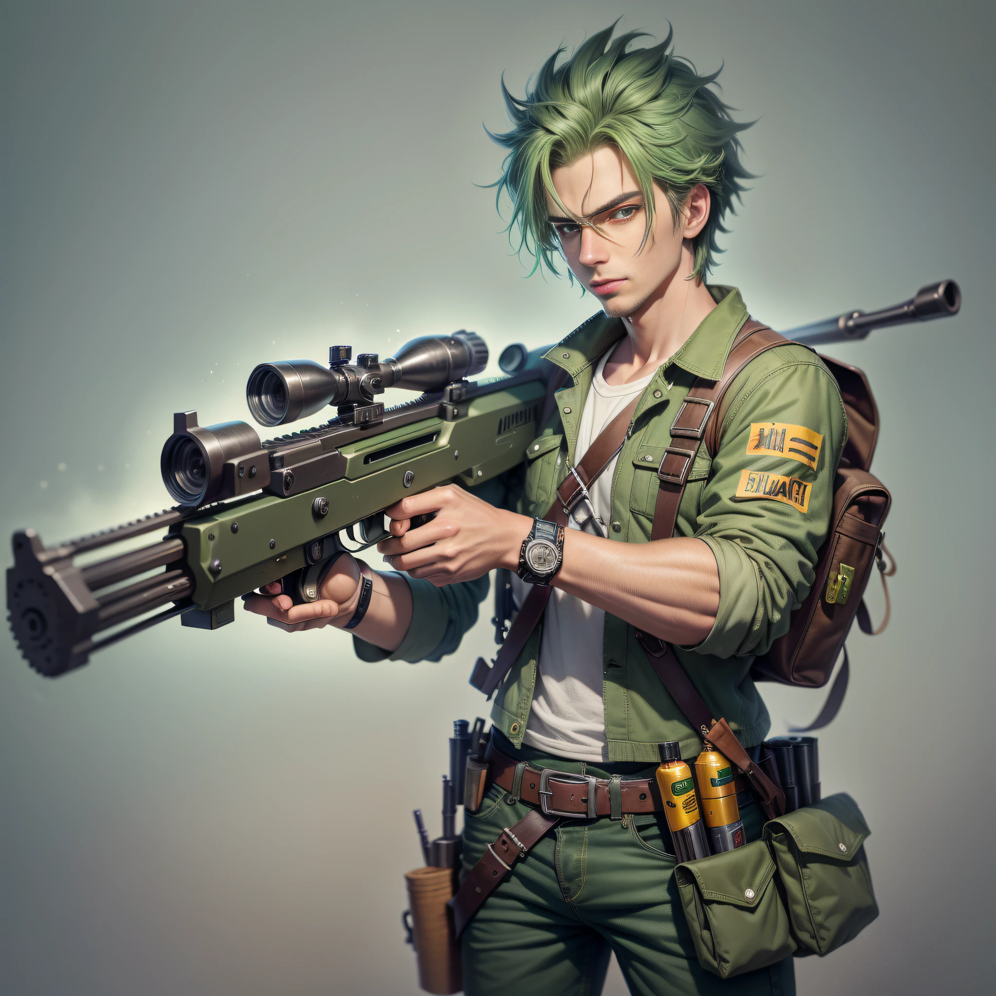 young man inventor that has a shotgun made by him from junk items, green hair, messy hair, expressionless eyes, messy hair, simpsons, super detail, anatomically correct, UHD