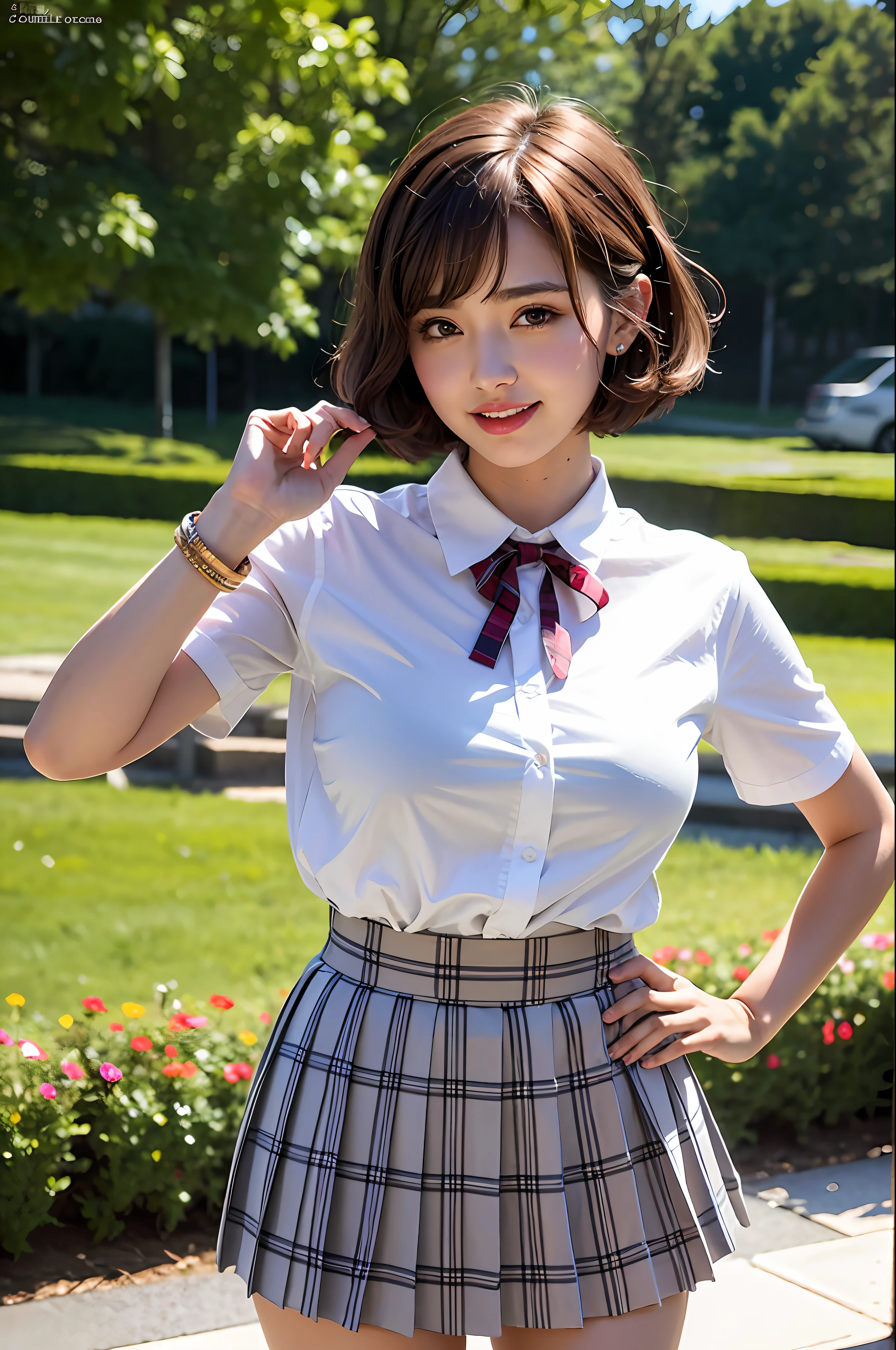 nsfw, 8K raw photo, best quality, masterpiece, super high resolution, film grain, film, film, 1girl, looking at the audience, natural skin texture, realistic eye and face details, full lips, lipstick, (makeup), red eye shadow, fluffy short hair, messy hair, smile, shut up, beautiful legs, tall woman, thin, slim_legs, solo, huge breasts, miniskirt, shirt, beautiful nature location, position of flowers around, (detailed background), plaid skirt, White shirt, huge breasts, show a little through the shirt, loafers, blurred background, blur, hold, plaid , short sleeves, jk ribbon at neck, jk ribbon, brown hair, bracelet, water, bangs, school uniform, jewelry, parted lips, lips, from front, pleated skirt, depth of field