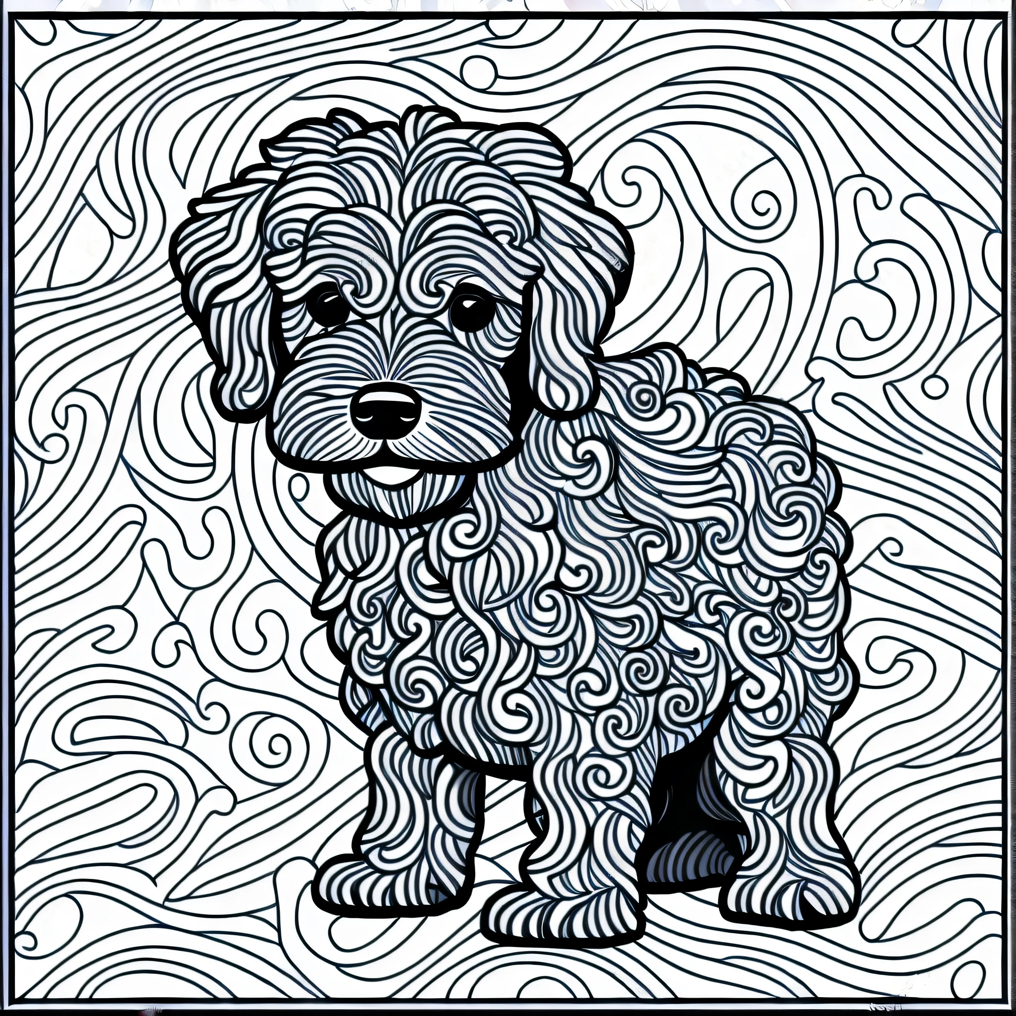 a dog style Poodle Toy, fantasy, magical, mystical, unusual, black and white, wavy lines, realistic line art drawing, coloring book page, no noise, sharp thick lines, contour art, centered image, isolated on a white background