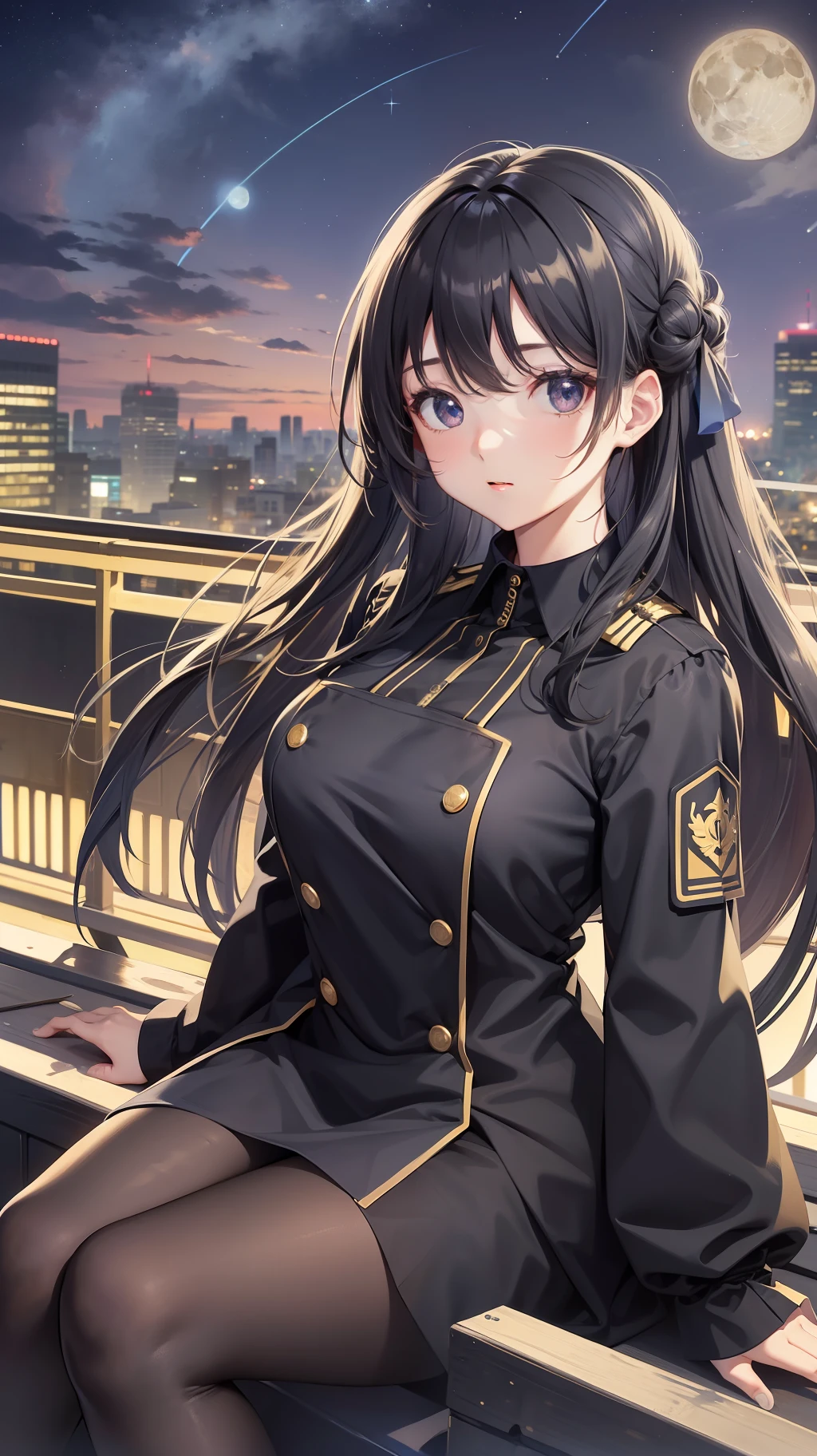 1 girl, cute, dizzy swirly eyes, swirly stars above head, wearing black uniform, sitting in rooftop, clear blue morning sky background, perfect lighting, perfect body size, hair pins, big moon