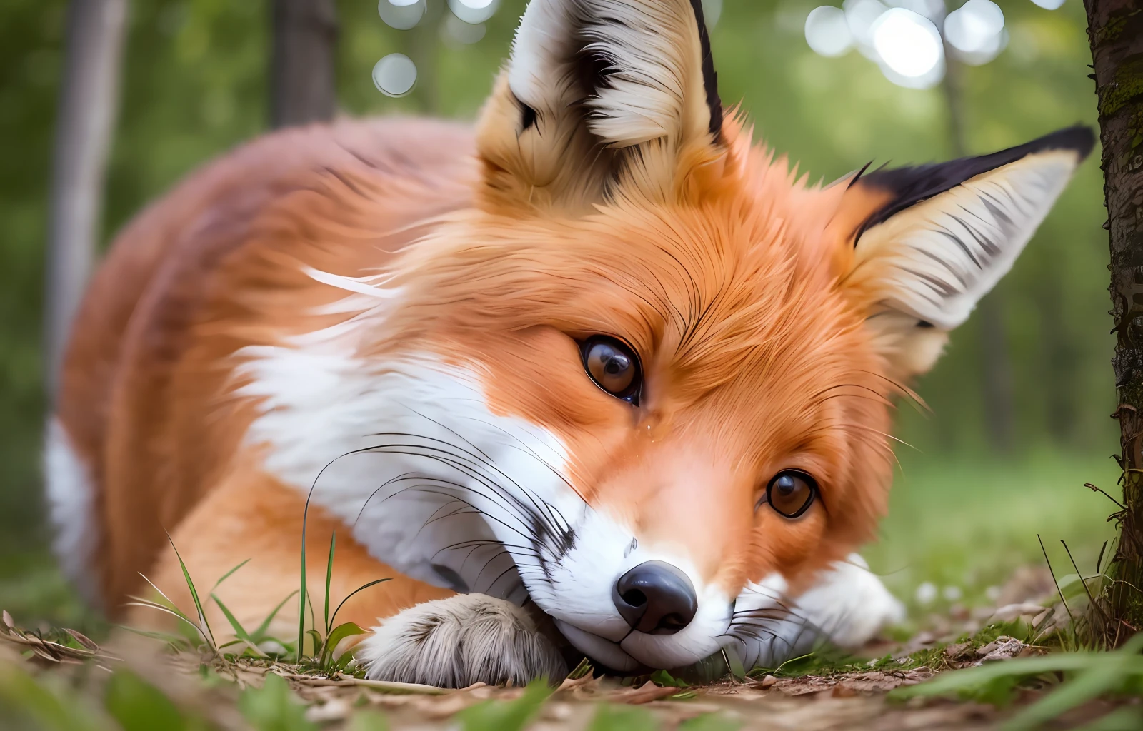 a close up of a fox looking at the camera, a picture, by Anna Haifisch, pexels contest winner, photorealism, extreme wide angle, in the autumn forest, go pro, charming expression gesicht, worm's eye view from the floor, nick wilde, piercing stare, gorgeous 4 k --auto --s2