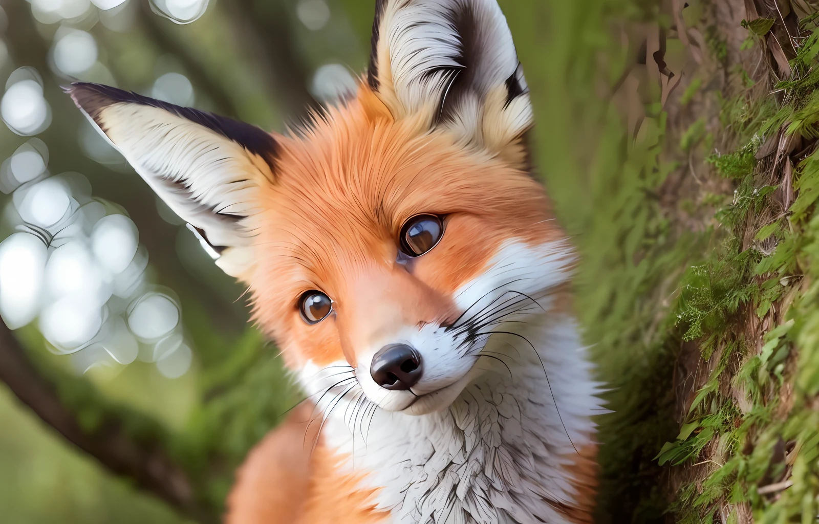 a close up of a fox looking at the camera, a picture, by Anna Haifisch, pexels contest winner, photorealism, extreme wide angle, in the autumn forest, go pro, charming expression gesicht, worm's eye view from the floor, nick wilde, piercing stare, gorgeous 4 k --auto --s2