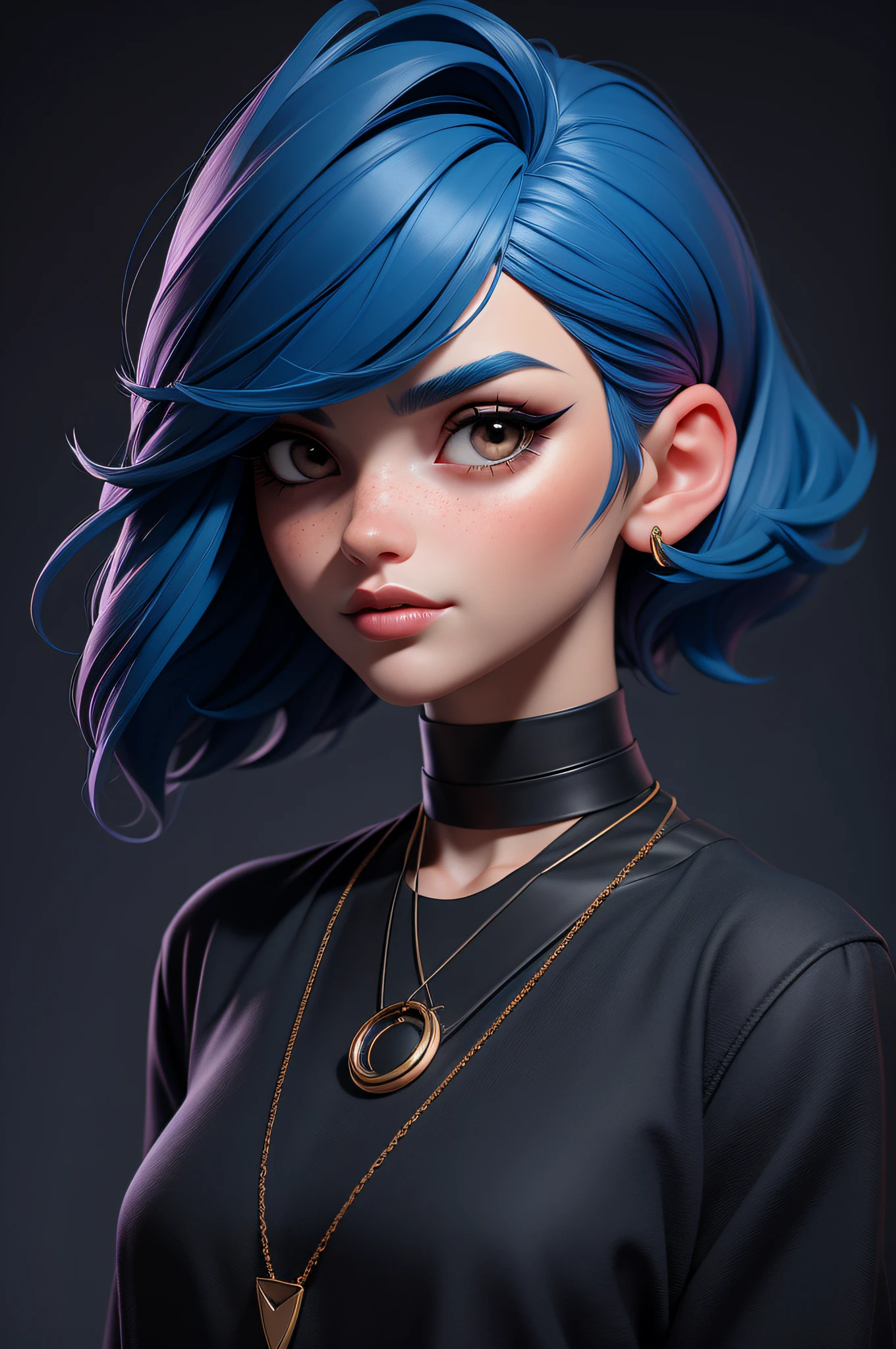 masterpiece, best quality,3d rending work ,3DMM style,close-up,portrait, 3D,1girl, solo, multicolored hair, blue hair, black hair, necklace, freckles, jewelry, two-tone hair, looking to the side, realistic, upper body, simple background, bangs, looking away, short hair, parted lips, black eyes, lips, gothic, choker, makeup, mole, black shirt, shirt, watermark