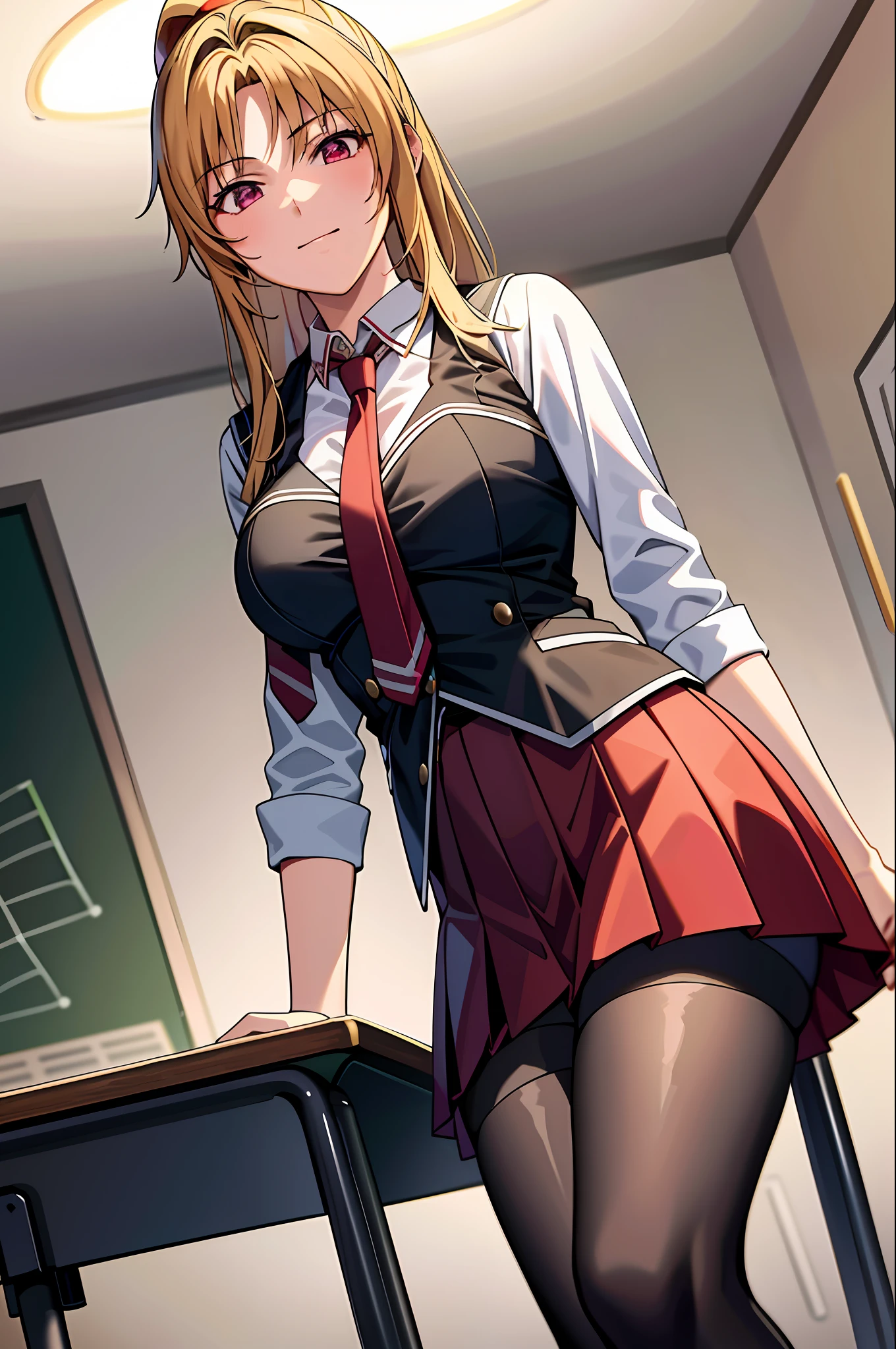 masterpiece, best quality, highres, 1girl kaori saeki, school uniform spaghetti strap black vest red necktie red skirt black thighhighs, classroom, cowboy shot, (smug:0.3), looking at viewer, focus solo