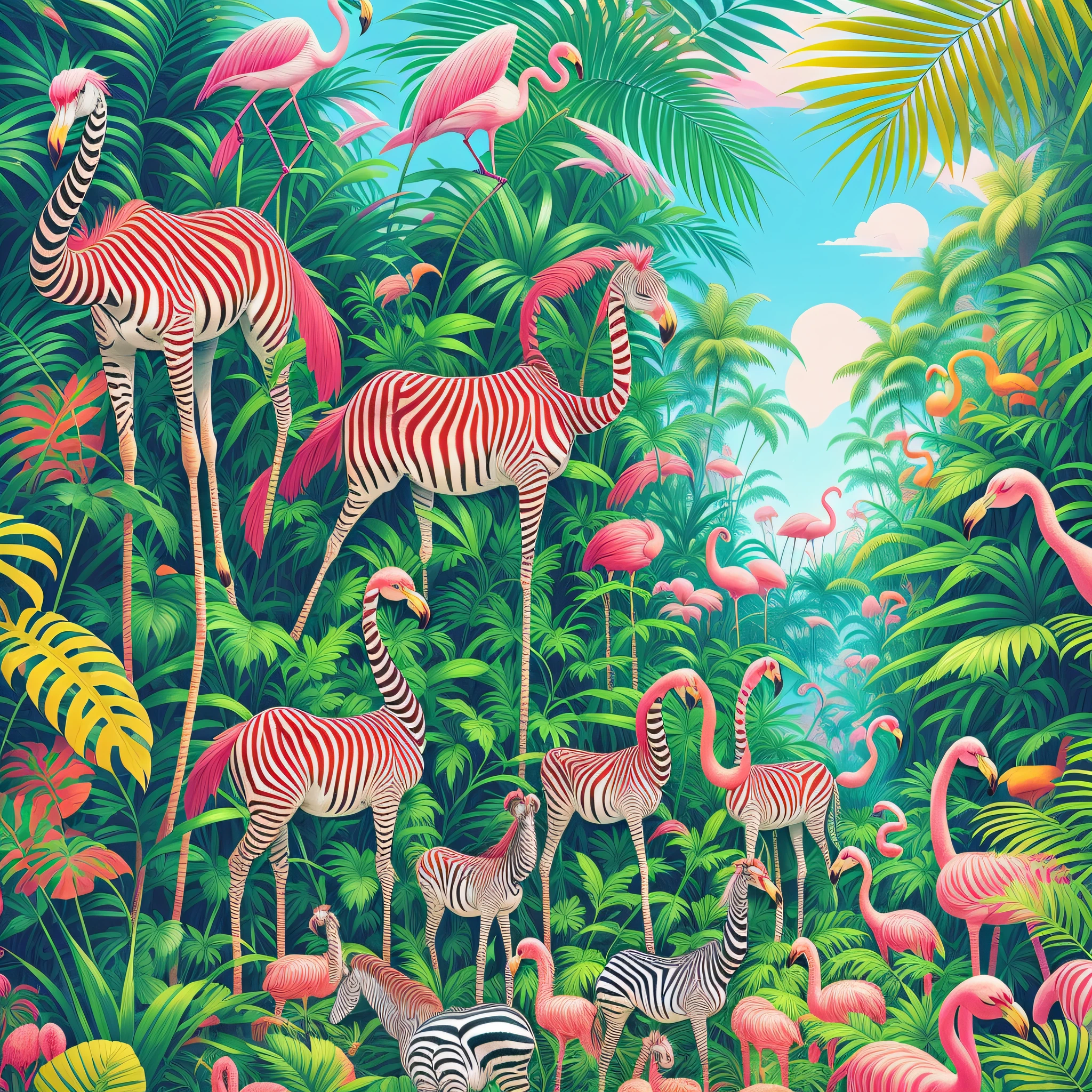 zebras and flamingos in a tropical scene with palm trees, detailed beautiful animals, mysterious jungle painting, tropical paradise, tropical jungle, beautiful detailed illustration, by David B. Mattingly, fantasy jungle, digital painting highly detailed, colourful jungle, laurent durieux, wildlife illustration, party in jungles, bright colors highly detailed, in a highly detailed jungle