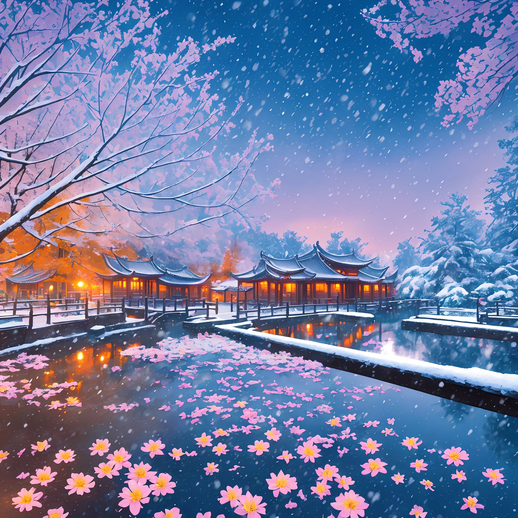 masterpiece, best quality, high quality, extremely detailed unity 8k CG wallpaper, chinese classic garden, scenery, amsterdam, winter, ((snowing)), dense fog orange, outdoor, sky, day, landscape, water, tree, blue sky, waterfall, nature, flowers, lake, river, overcast sky, award-winning photography, Bokeh, depth of field, HDR, flower, chromatic aberration, photorealistic, extremely detailed, trend in the arts station, trend in CG society, intricate, high detail, dramatic, art in the middle of the journey --auto --s2
