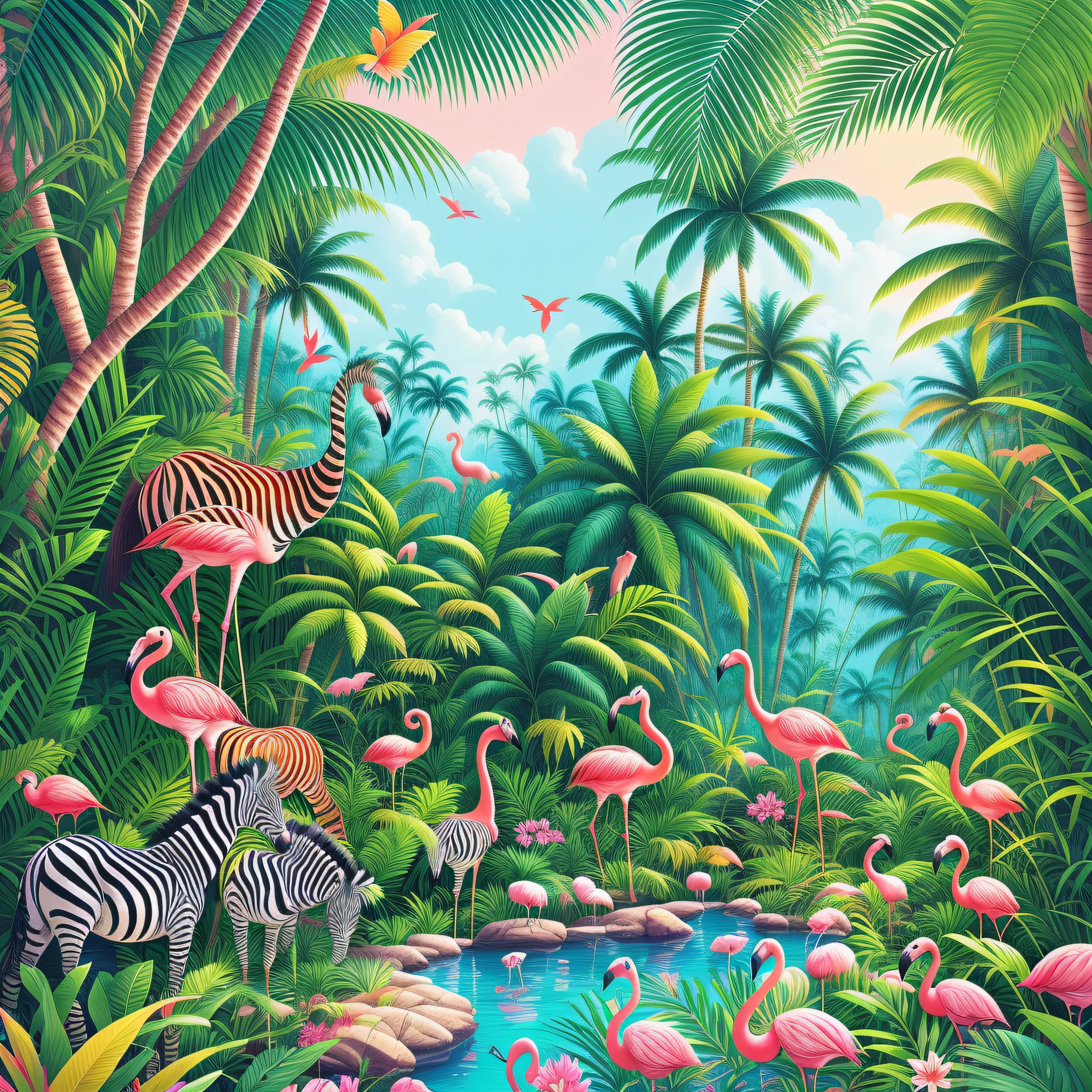zebras and flamingos in a tropical scene with palm trees, detailed beautiful animals, mysterious jungle painting, tropical paradise, tropical jungle, beautiful detailed illustration, by David B. Mattingly, fantasy jungle, digital painting highly detailed, colourful jungle, laurent durieux, wildlife illustration, party in jungles, bright colors highly detailed, in a highly detailed jungle