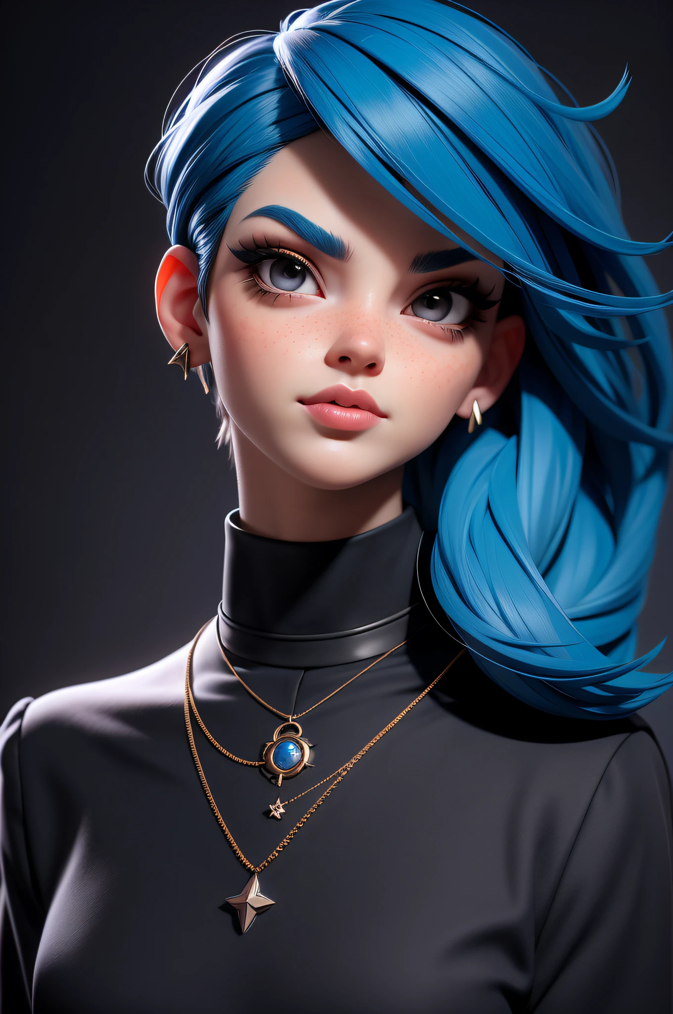 masterpiece, best quality,3d rending work ,3DMM style,close-up,portrait, 3D,1girl, solo, multicolored hair, blue hair, black hair, necklace, freckles, jewelry, two-tone hair, looking to the side, realistic, upper body, simple background, bangs, looking away, short hair, parted lips, black eyes, lips, gothic, choker, makeup, mole, black shirt, shirt, watermark