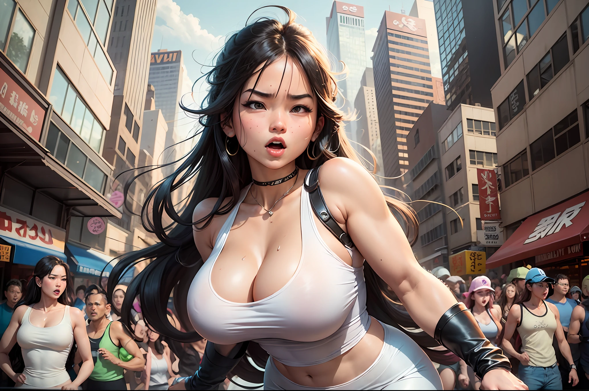 [Akira Toriyama style], A curvy female character with flowing long hair wearing a tight white tank top that is revealing her cleavage, in a crowded and rowdy street downtown during a hot summer afternoon, with a mix of excitement, lust, and danger in the air. Create a scene that would look great in an action-packed manga. --auto --s2