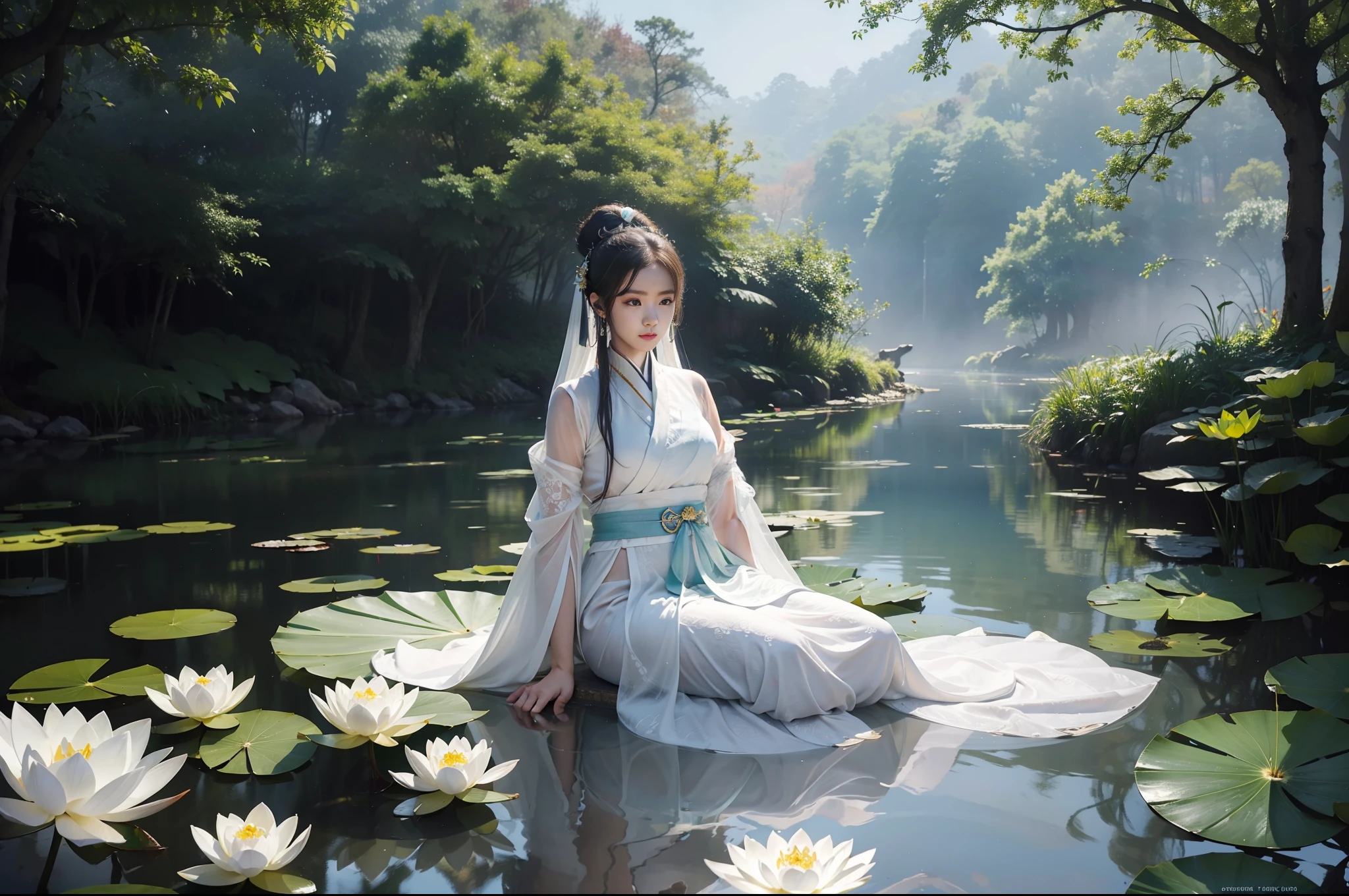 realistic, big vista, wide-angle lens, intricate details, super detailed, natural skin texture, 1 girl, hair bundle, bun, beautiful chinese woman in white hanfu robe cloak, fairy, white mist, golden light, white mist, outdoors, on the shore of Hangzhou West Lake, next to the lotus pond, (colorful, vivid, sunny, cool light: 1.2) lotus leaves in the pond, delicate facial details, dynamic poses, exquisite details, wide view, epic details, global illumination - ar 3:2 - q 5 - V 5.1 - Style RAW-S 750, style influenced by ancient Chinese art, complex, high detail, sharp focus, dramatic, photorealistic painting art, lotus leaf, spring rain, bright, light, atmospheric, bright tones of spring, super detail, 16k, best quality, soft light, space, crystal clear, natural light, surreal photography,