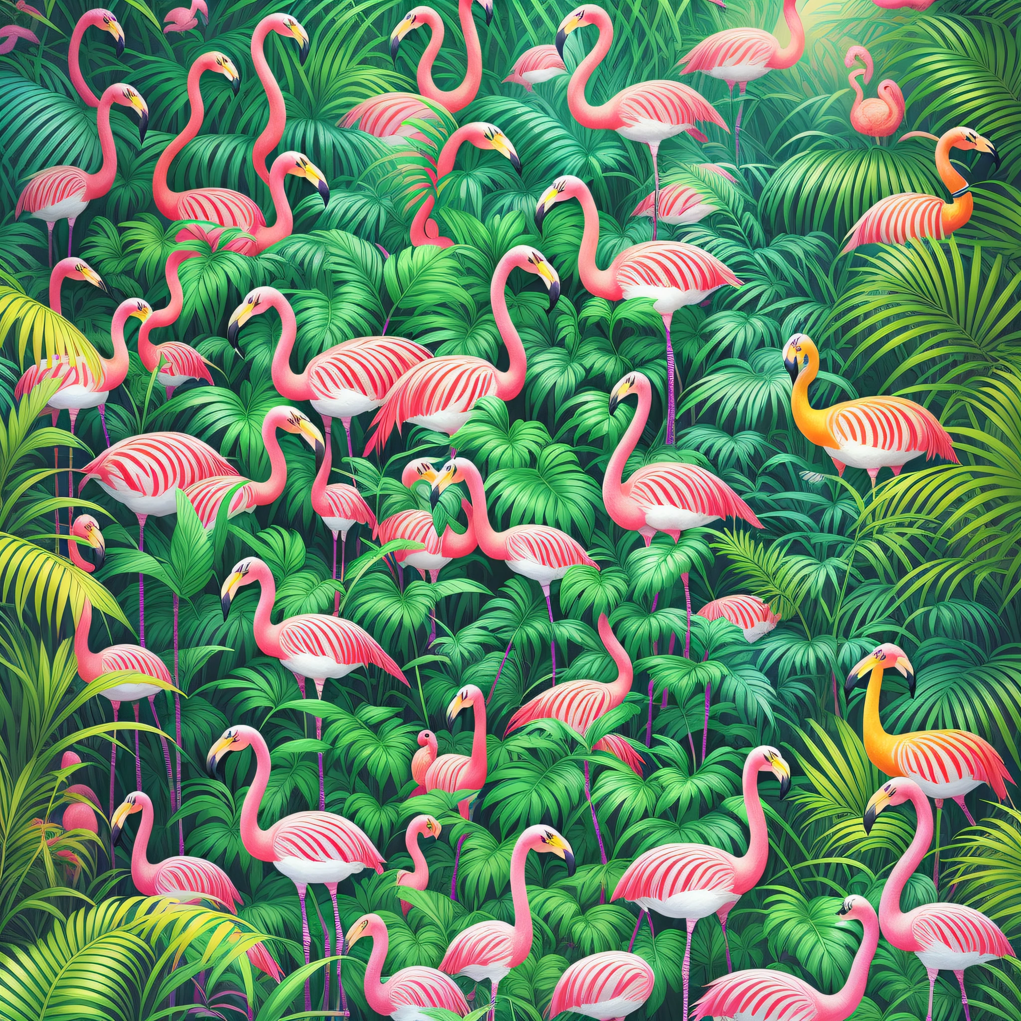 zebras and flamingos in a tropical scene with palm trees, detailed beautiful animals, mysterious jungle painting, tropical paradise, tropical jungle, beautiful detailed illustration, by David B. Mattingly, fantasy jungle, digital painting highly detailed, colourful jungle, laurent durieux, wildlife illustration, party in jungles, bright colors highly detailed, in a highly detailed jungle