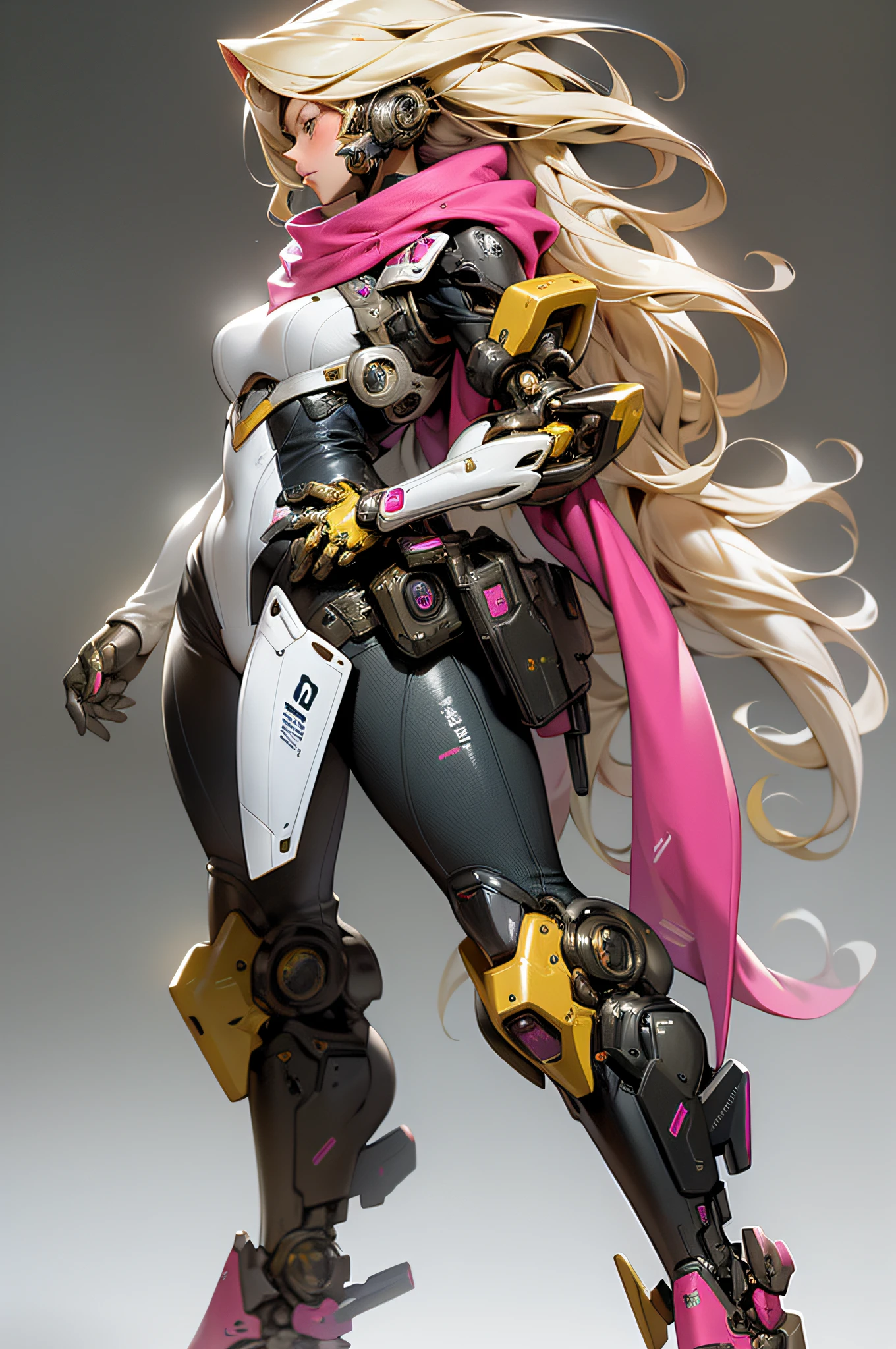 masterpiece, best quality, 1girl, bodysuit, full body , long hair, blonde hair, mechanical arms, medium breasts, pink scarf, science fiction, solo, standing, simple background
