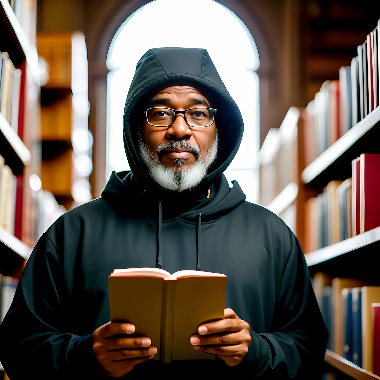 50-year-old man, with prescription glasses, hood, in a large, dark library
