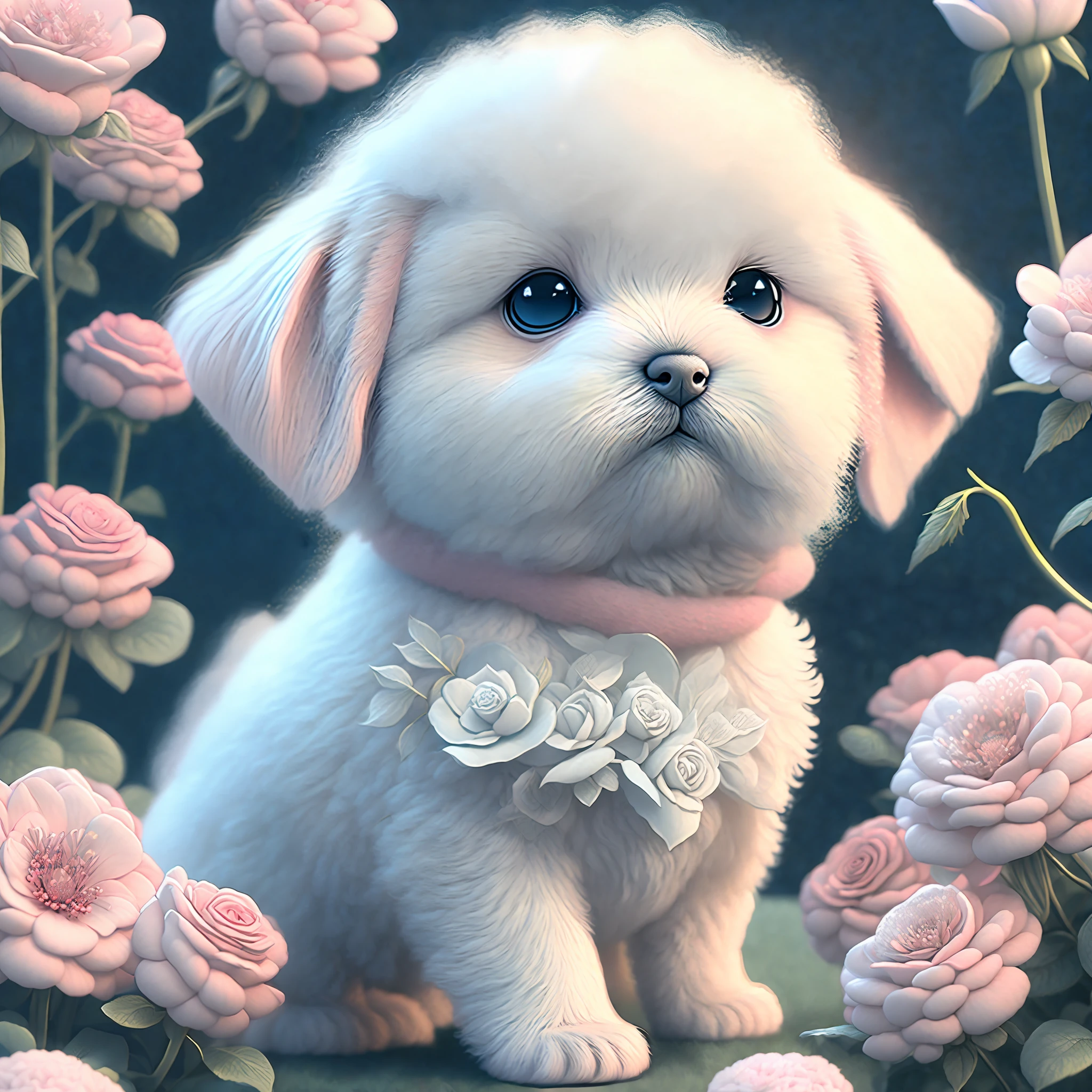 In this ultra-detailed CG art, the adorable puppy surrounded by ethereal roses, best quality, high resolution, intricate details, fantasy, cute animals